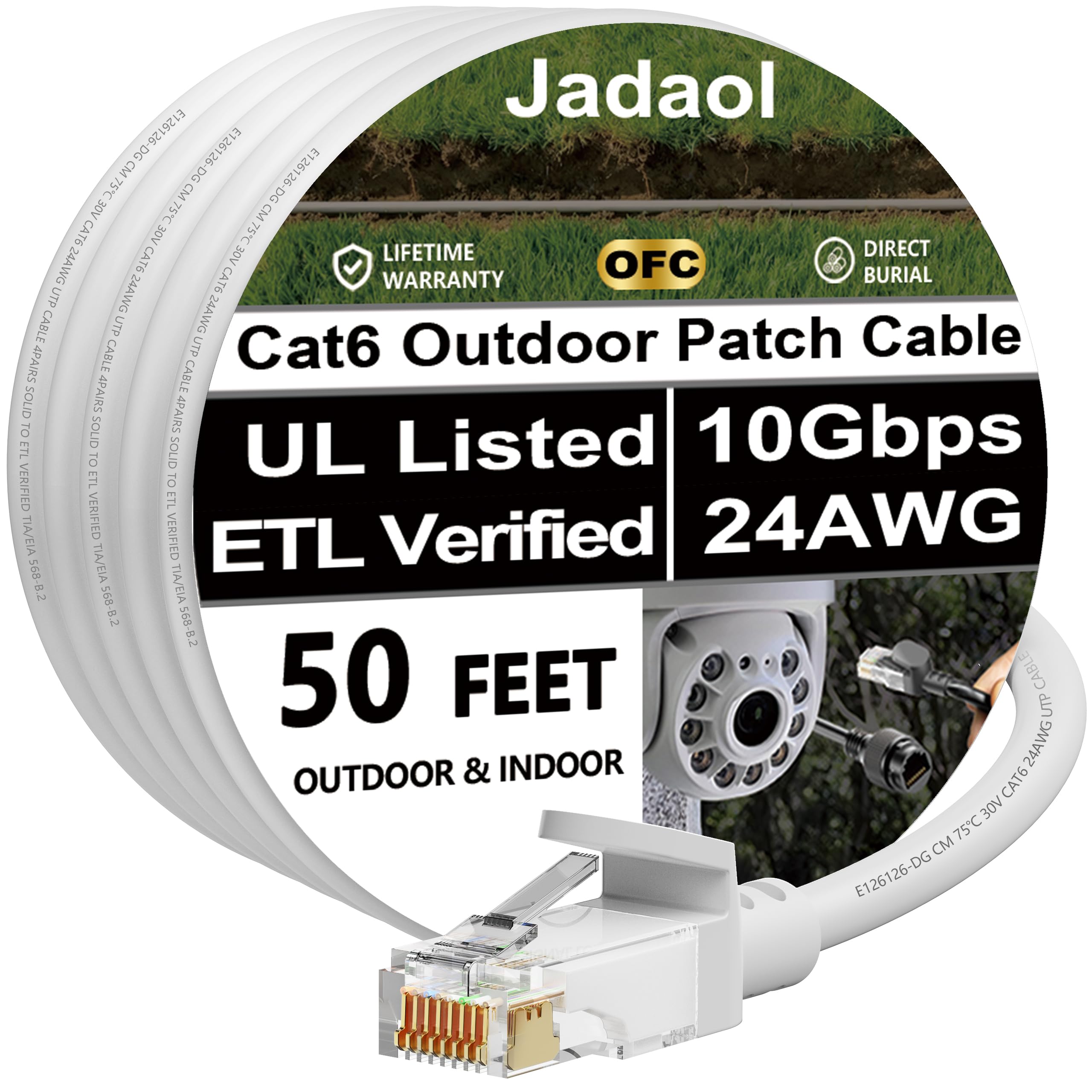 Cat 6 Outdoor Ethernet Cable 50 ft, Support Cat8/7 Network, 10Gbps 550MHz, 24AWG Pure Copper, Direct Burial Waterproof In-Ground UV Resistant LAN Internet Patch Cable for Router, Modem, Switch, White