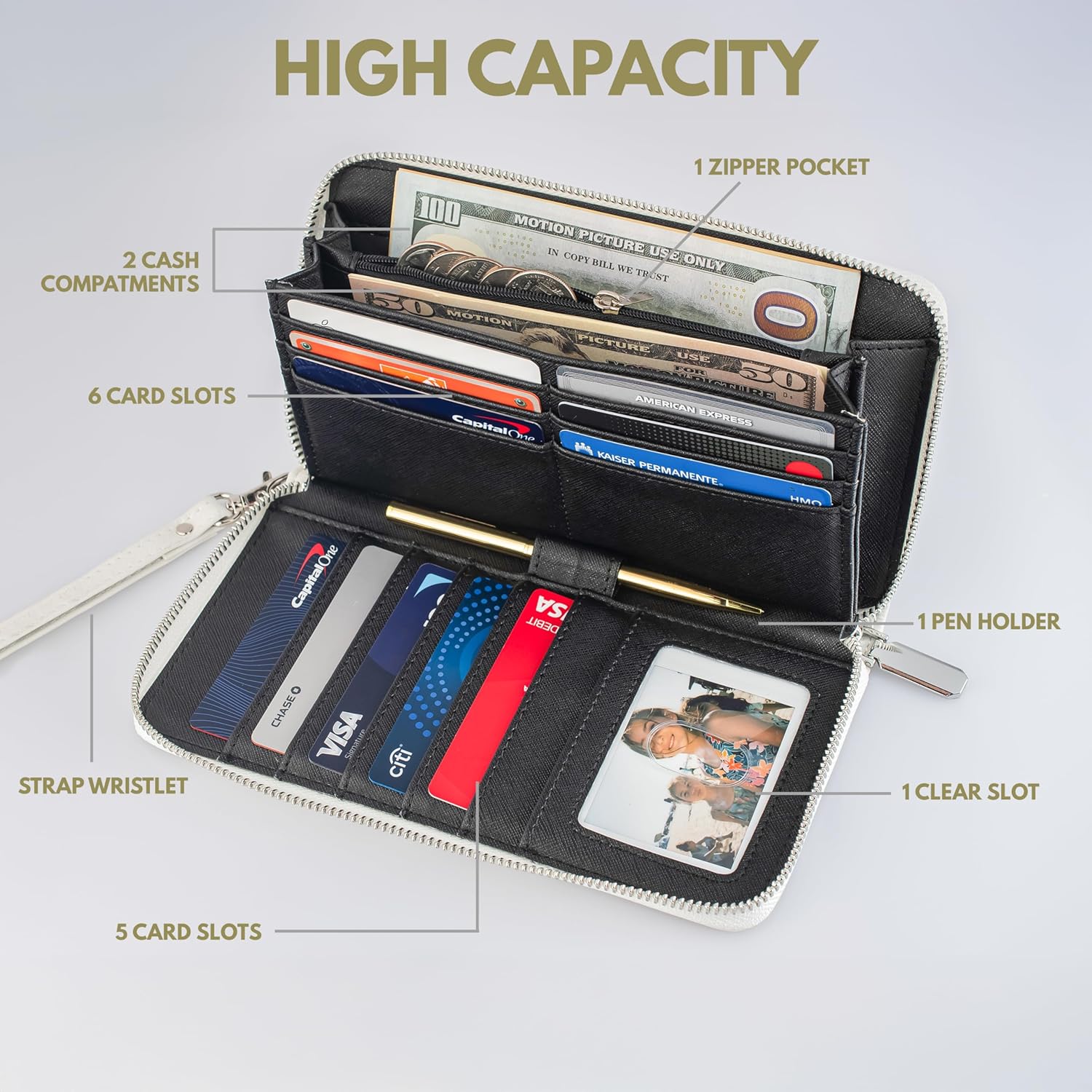 Personalized Women's Wallet with Name & Birth Flower - Customized Wristlet Wallet, Custom Engraved Bifold, 11 Card Slots, Zipper Coin Pocket - White - Gift for Her, Wife, Mom, Daughter