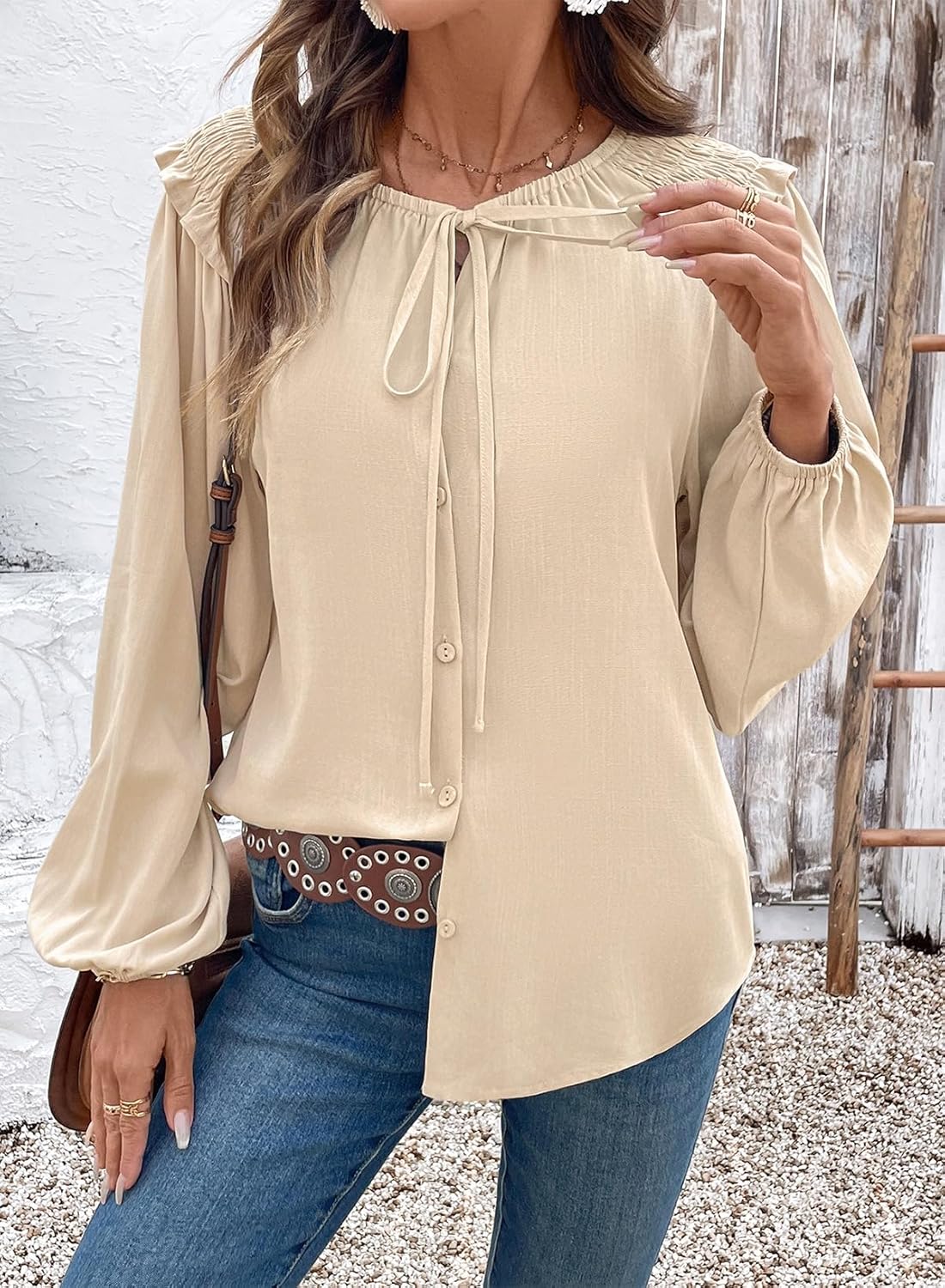 Dokotoo Womens Tops Tie Front Long Lantern Sleeve Blouse Ruffle Crew Neck Button Down Boho Shirts - Image 3