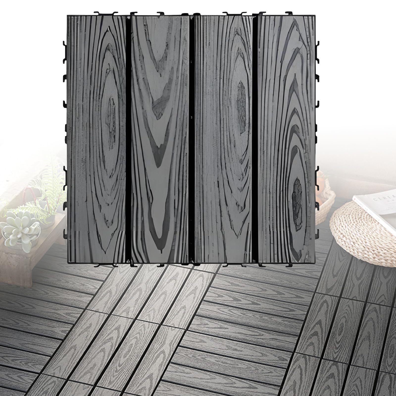Lot de 10 dalles de terrasse en WPC imperméables pour extérieur, 30,5 x 30,5 cm, carrelage composite en bois et plastique pour jardin, balcon, piscine, porche, toutes saisons, en bois et plastique