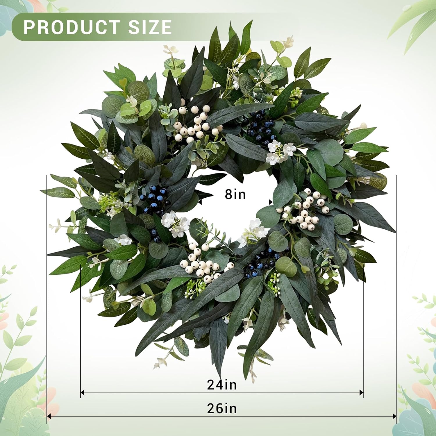 24'' Eucalyptus Wreaths for Front Door,Spring Summer Fall Winter Wreaths,Large Outdoor Greenery Wreaths for Porch,Wall,Holiday,Home Decor-Spring, Summer, Fall, Winter All Seasons