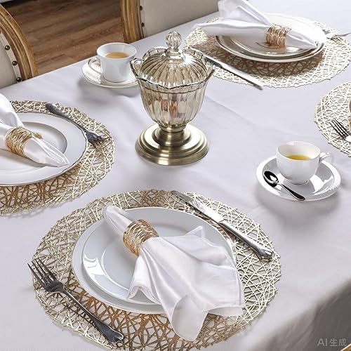 Miniatura 6 de Juego de 12 manteles individuales dorados tejidos ahuecados metálicos para vacaciones, manteles individuales redondos dorados, hechos a mano,