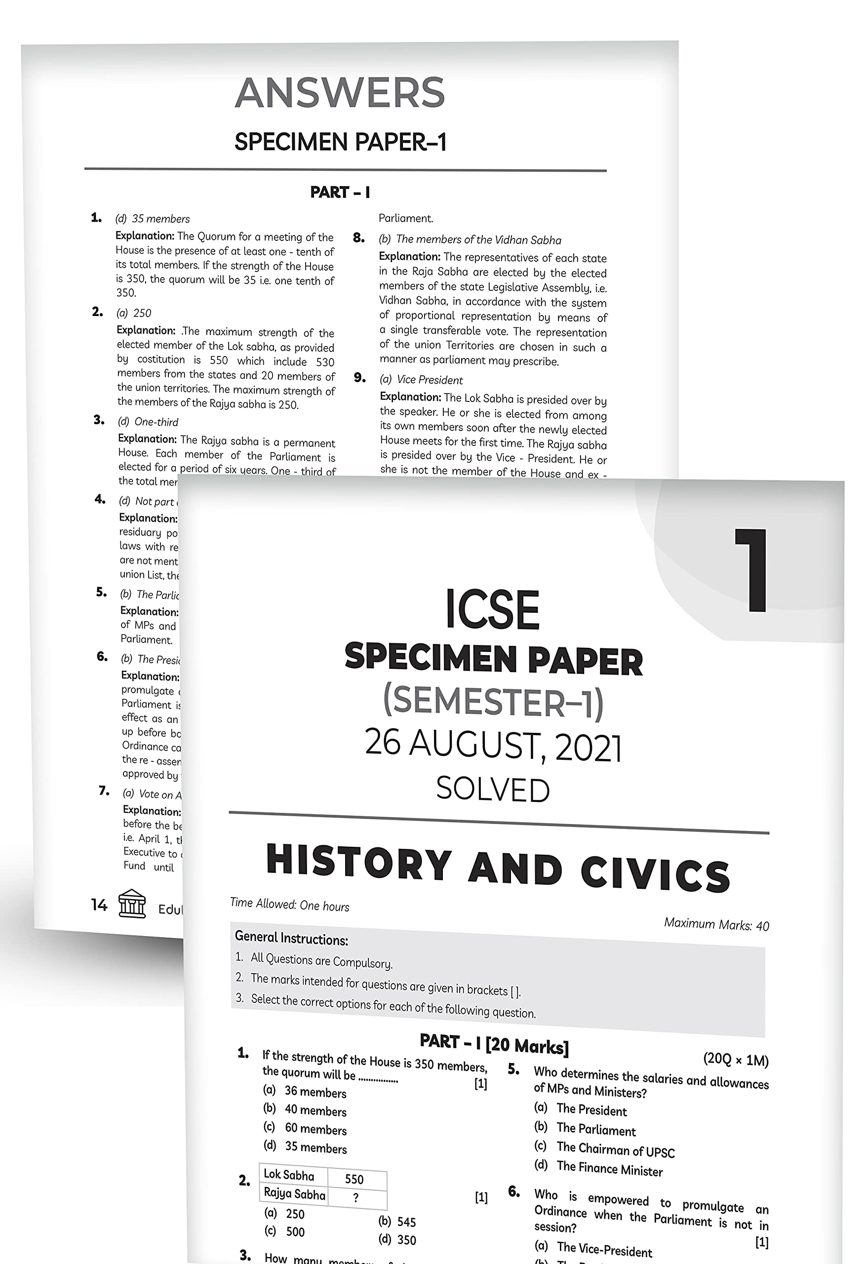 Educart ICSE Semester 1 History & Civics + Geography Sample Papers Class 10 MCQ Combined Book For 2021 Exam (Based on 26th Aug ICSE Specimen Paper) 2