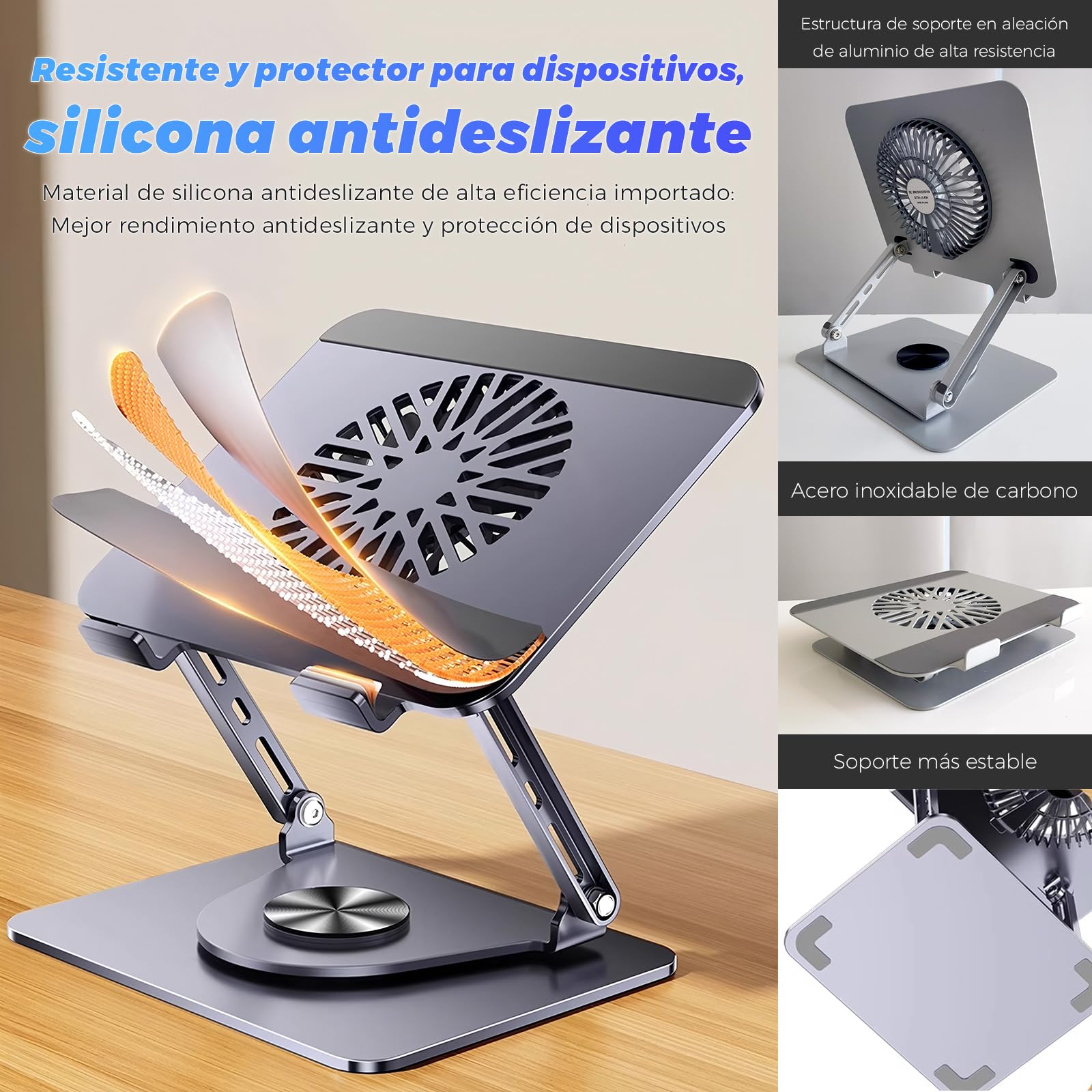 Soporte para ordenador portátil de aluminio, giratorio 360°, plegable, con ventilador magnético para refrigeración, compatible con MacBook y dispositivos de 10 a 17,3 pulgadas (gris claro)