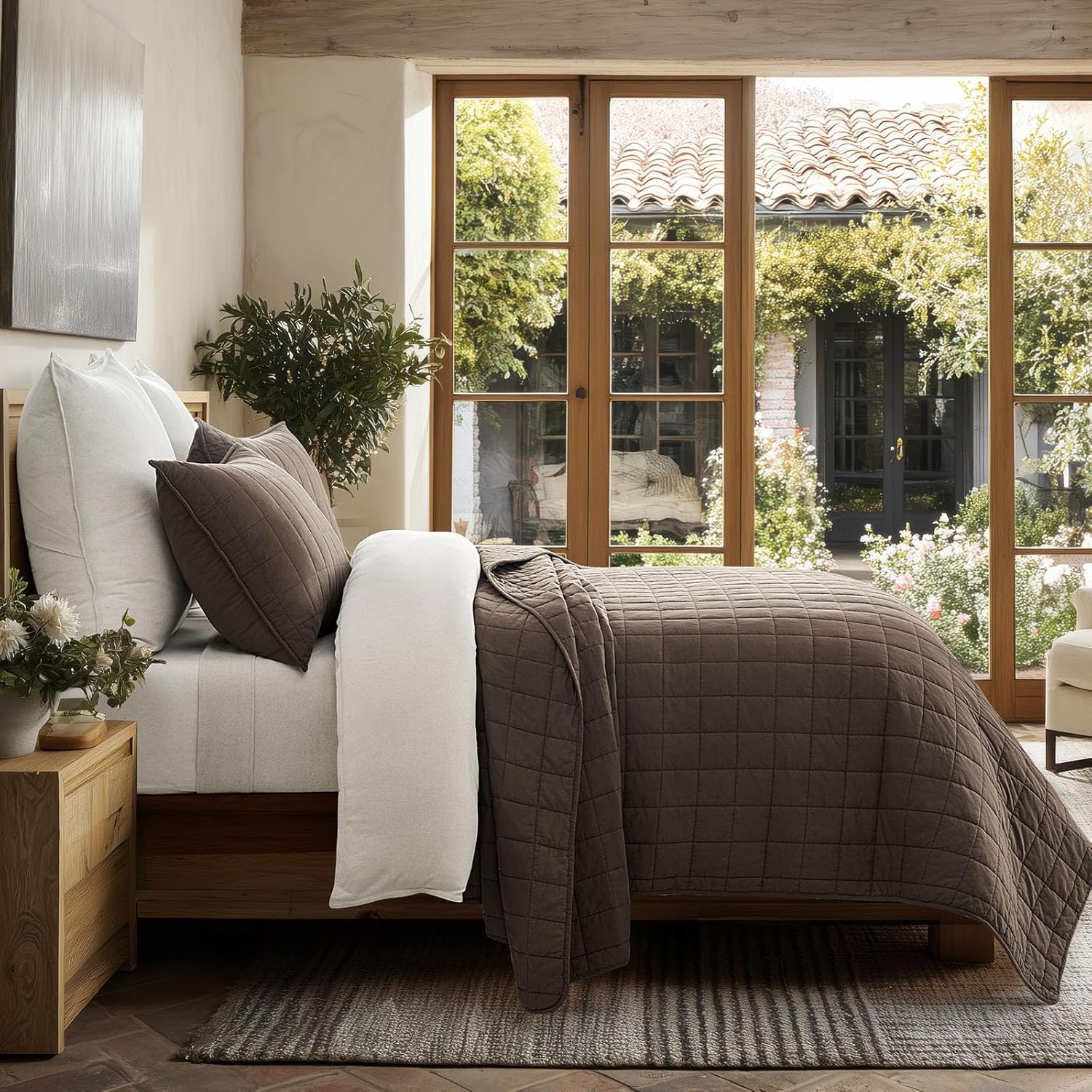 EVERGRACEHOME 100% Cotton Box Stitch Quilt Bedding Set King Size 3 Pieces, Garment-Washed Lightweight Soft Cozy Coverlet, Oversized Quilted Bedspread Sets with 2 Shams for All Season, Cocoa Brown - Image 2