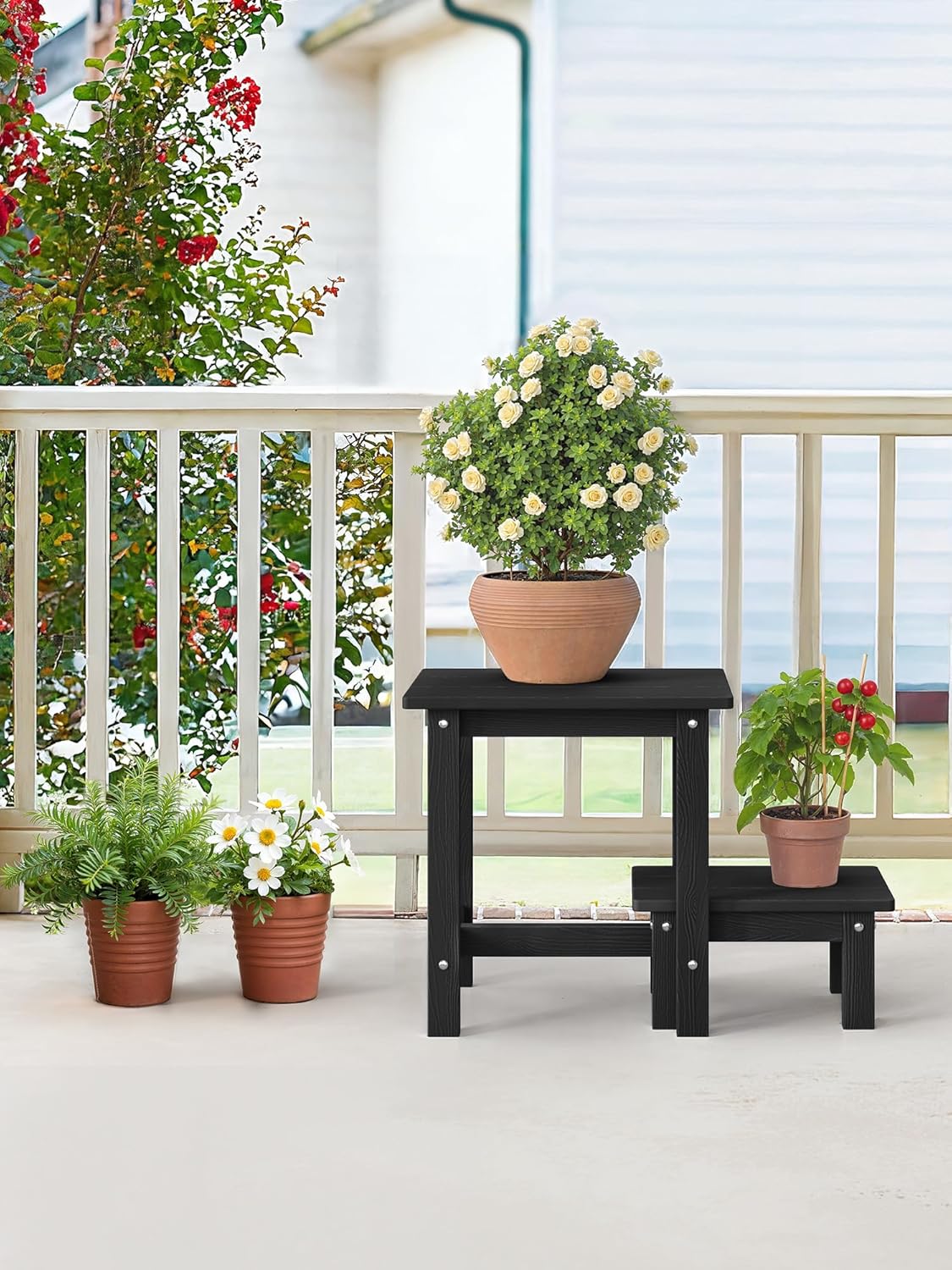 LUE BONA Outdoor Side Table, 2-Tier HDPS Outdoor Nesting End Table with Removable Small Foot Stool for Patio, Deck, Poolside, Low Maintenance & Weather Resistant,Black