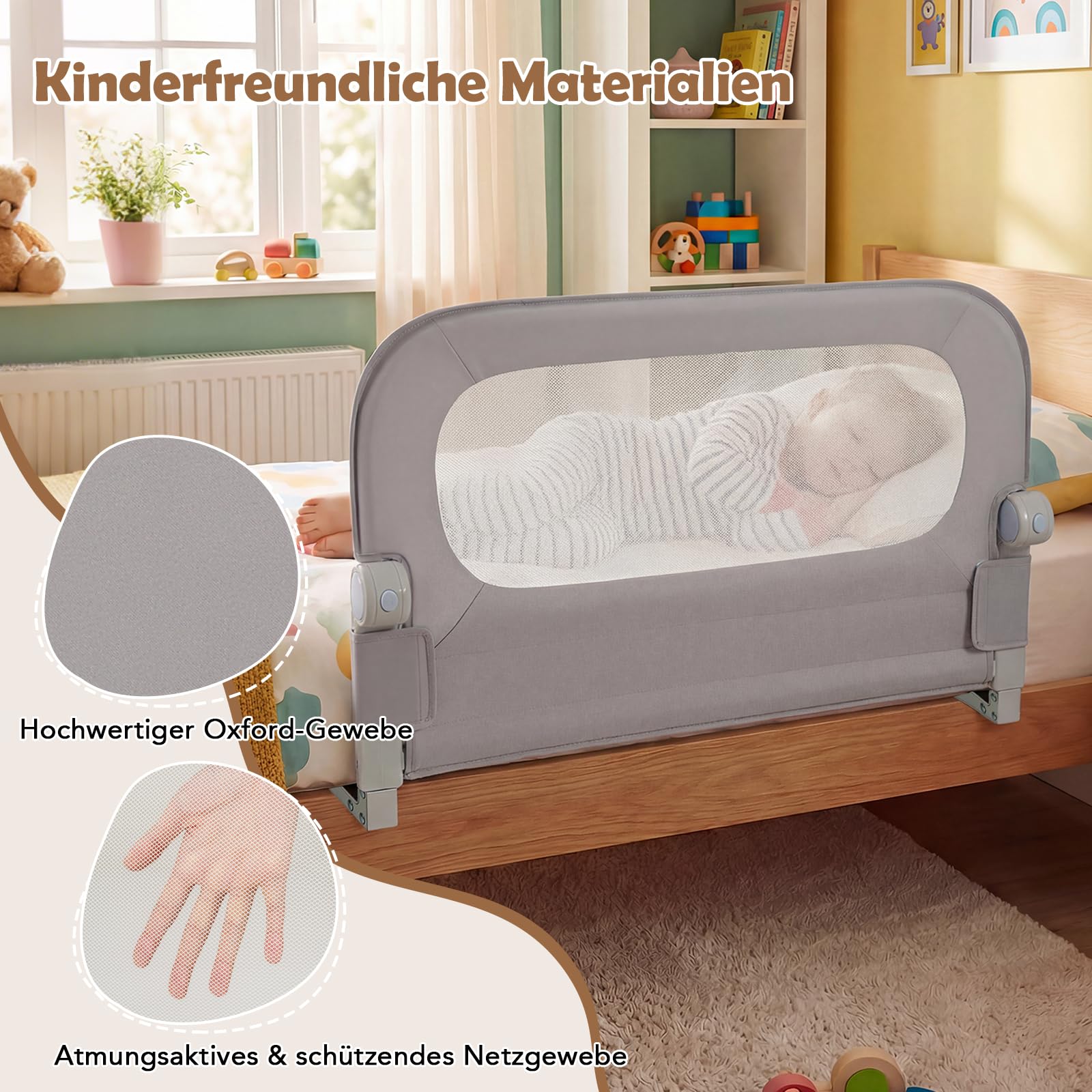 COSTWAY Bettgitter klappbar, 80 x 60 cm Bettschutzgitter mit abnehmbarem Oxford-Bezug, U-förmigem Gestell & Gurt, Kinderschutzgitter, Rausfallschutz für Kinderbett Elternbett Boxspringbett (Grau)