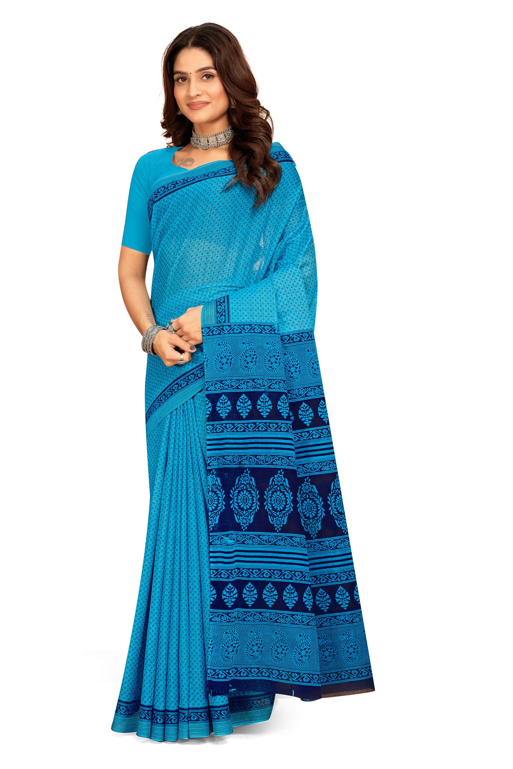 Tamaira Fashion Women's Floral Butti Printed Pure Cotton Mulmul Saree Without Blouse Piece(11497_Turquoise)