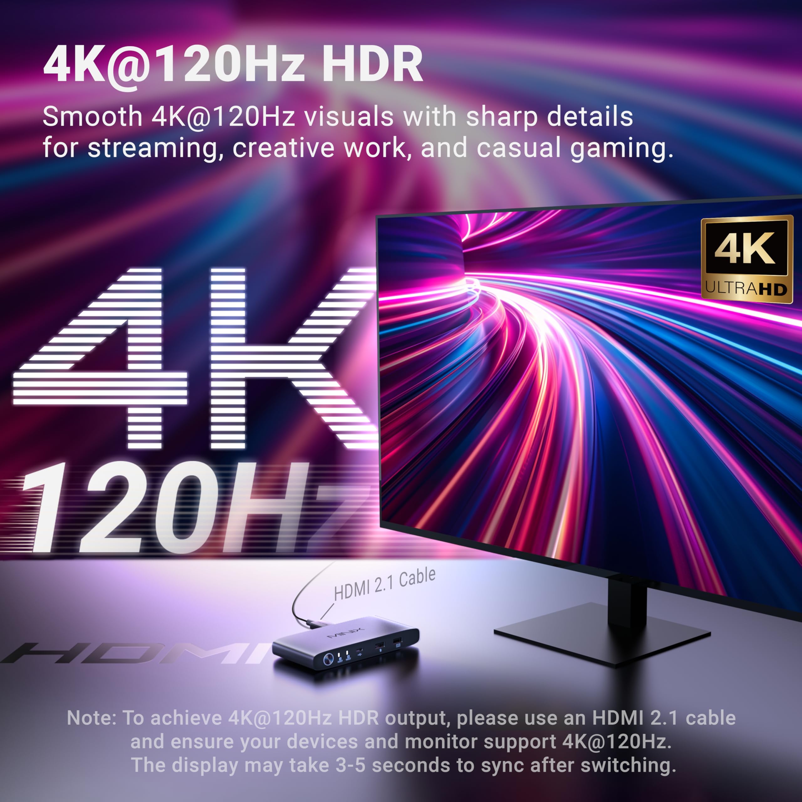 MINIX K1 USB C KVM Switch 1 Monitors 2 Computers, 4K@120Hz HDR, 100W PD 3.0, Dual USB-C Input KVM Switches, Share Keyboard & Mouse, Aluminum Design, Compatible with Windows, Mac, Linux, Android