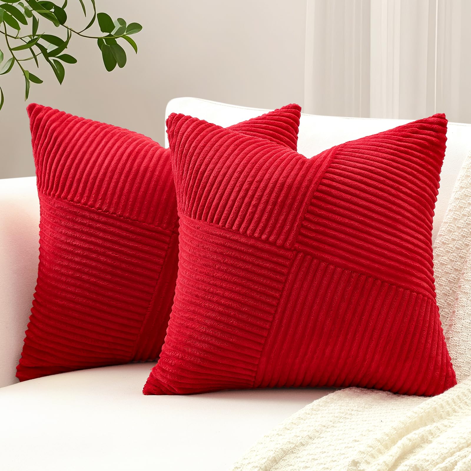 Sungeek 2er Set Cord Kissenbezüge, Windmühle Streifen Muster Kordsamt Kissenbezug Dekokissen Sofakissen Patchwork Design Deko Zierkissenbezüge Kissenhülle für Wohnzimmer (40x40cm, Rot)