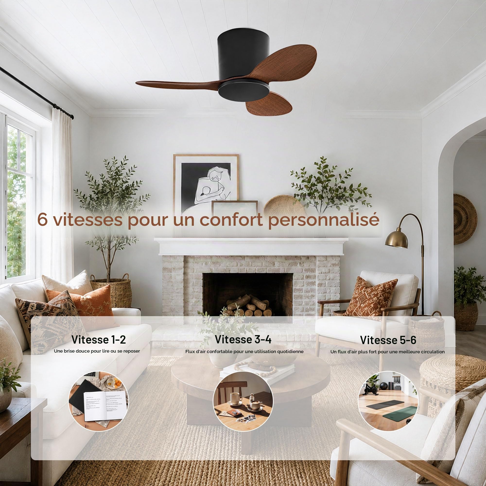 Ventilateur de plafond encastré sans lumière Petit ventilateur de plafond moderne avec télécommande Ventilateur de plafond à 6 vitesses sans lumière pour restaurant Chambre à coucher