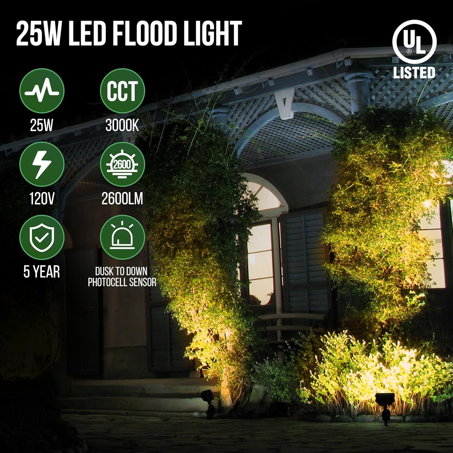 GKOLED 25W LED Flood Lights Outdoor, Dusk to Dawn Security Light, with Anti-Glare Guard, 120V 3000K 2600LM Waterproof Landscape Lighting, Aluminum, 1/2" Knuckle Mount, 2 Pack, UL Listed