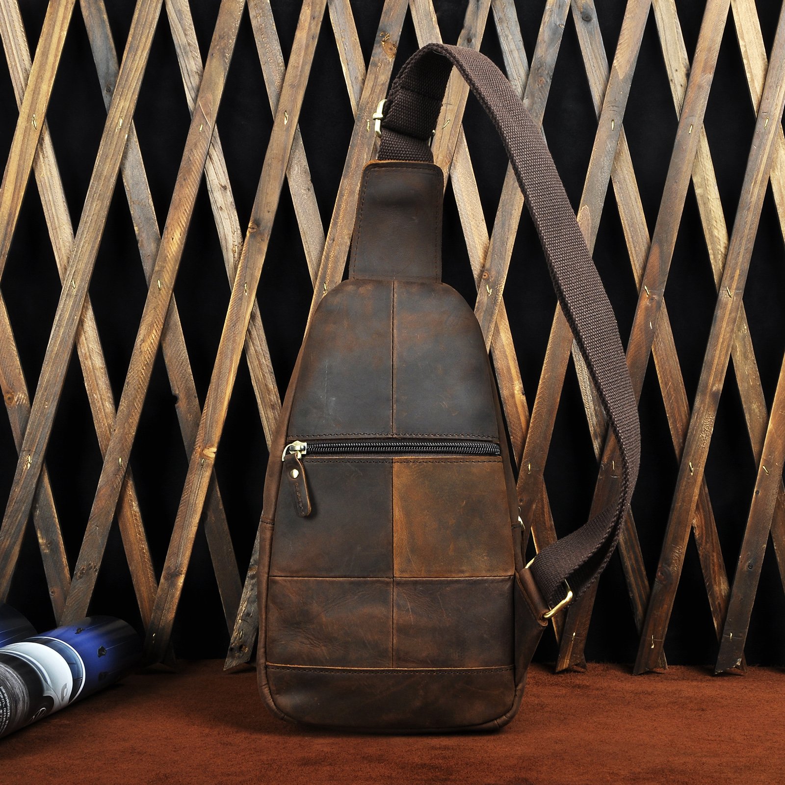 Le'aokuu Hombres Cuero Genuino vendimia Bolsos cruzados bolsa de tableta/paraguas/té bolsa mochila correa para el hombro cruz cuerpo y bolsa de mensajero y bolsa de pecho