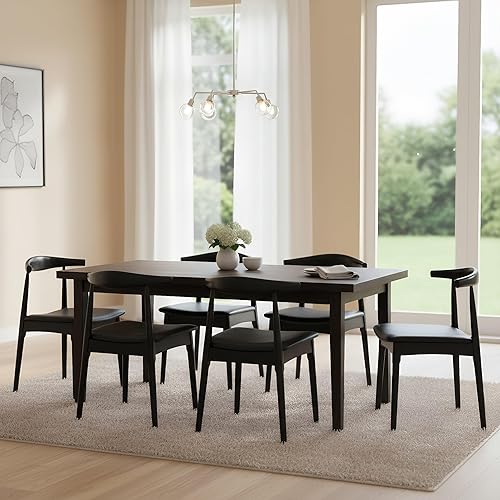 Miniatura 2 de Juego de 2 sillas de comedor negras de cuero con patas de madera y respaldos de barril, sillas de comedor modernas de mediados de siglo