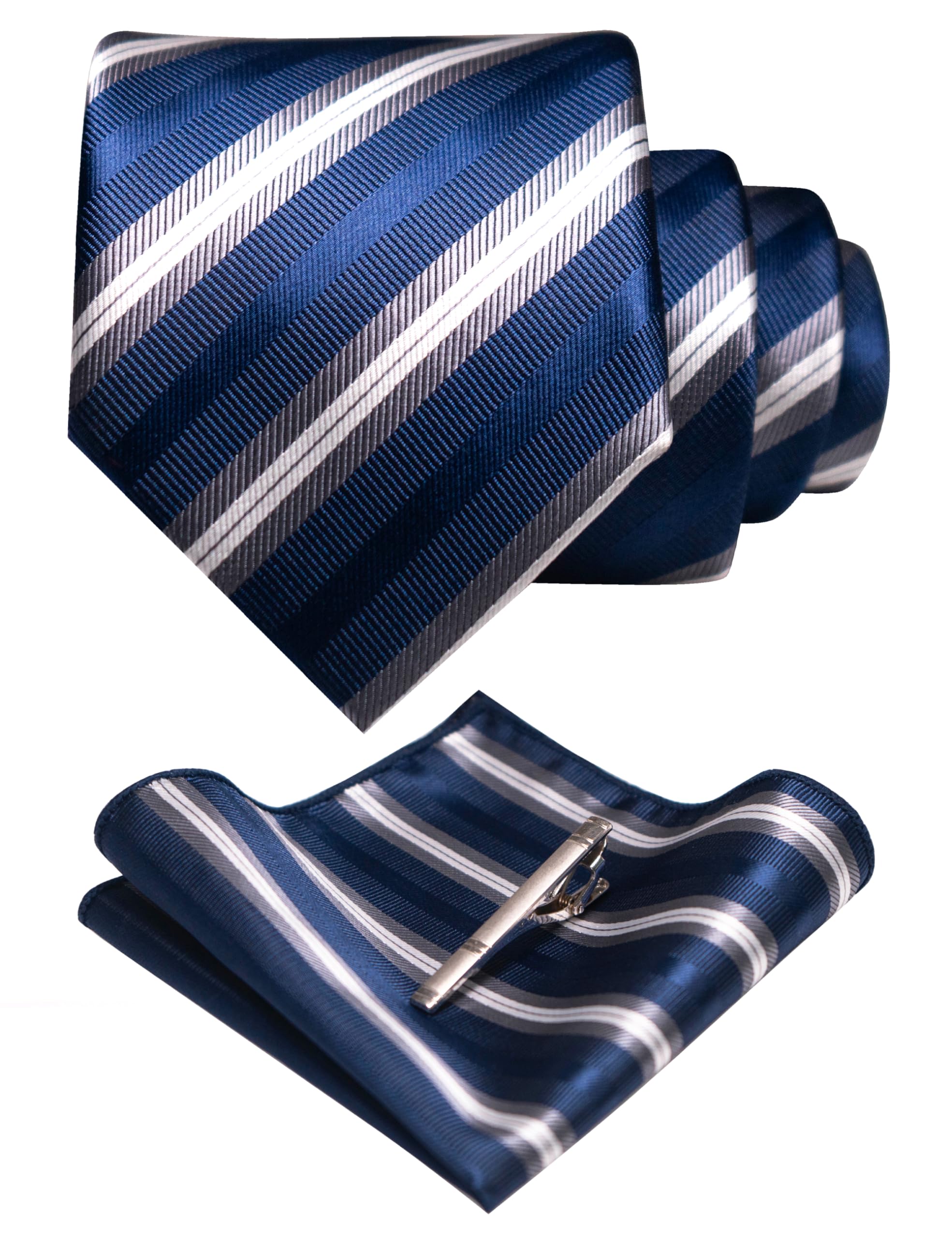 RBOCOTT Silk Stripe Plaid Tie and Pocket Square with Tie Clip Sets for Men