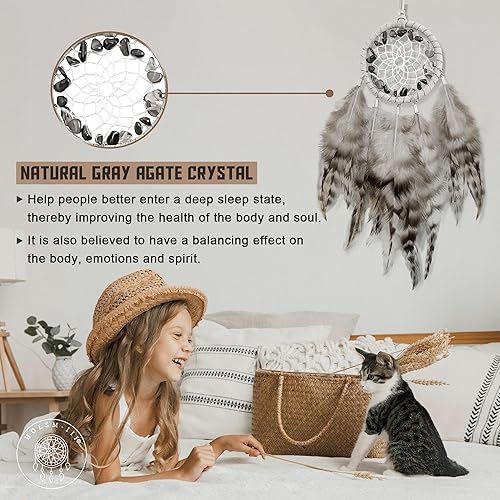 Miniatura 2 de Mini atrapasueños  Pluma de pollo con ágata gris, pequeño atrapasueños hecho a mano para decoración de dormitorio de coche  HOLSM-III