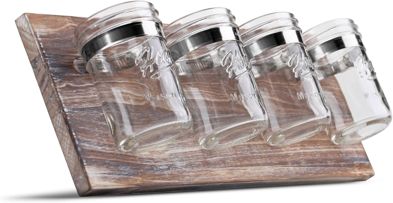 HOMKO Mason Jar Organizer - Farmhouse Bathroom Decor Storage - Office Kitchen Decorative Hanging Wall Organizer (Rustic Brown)