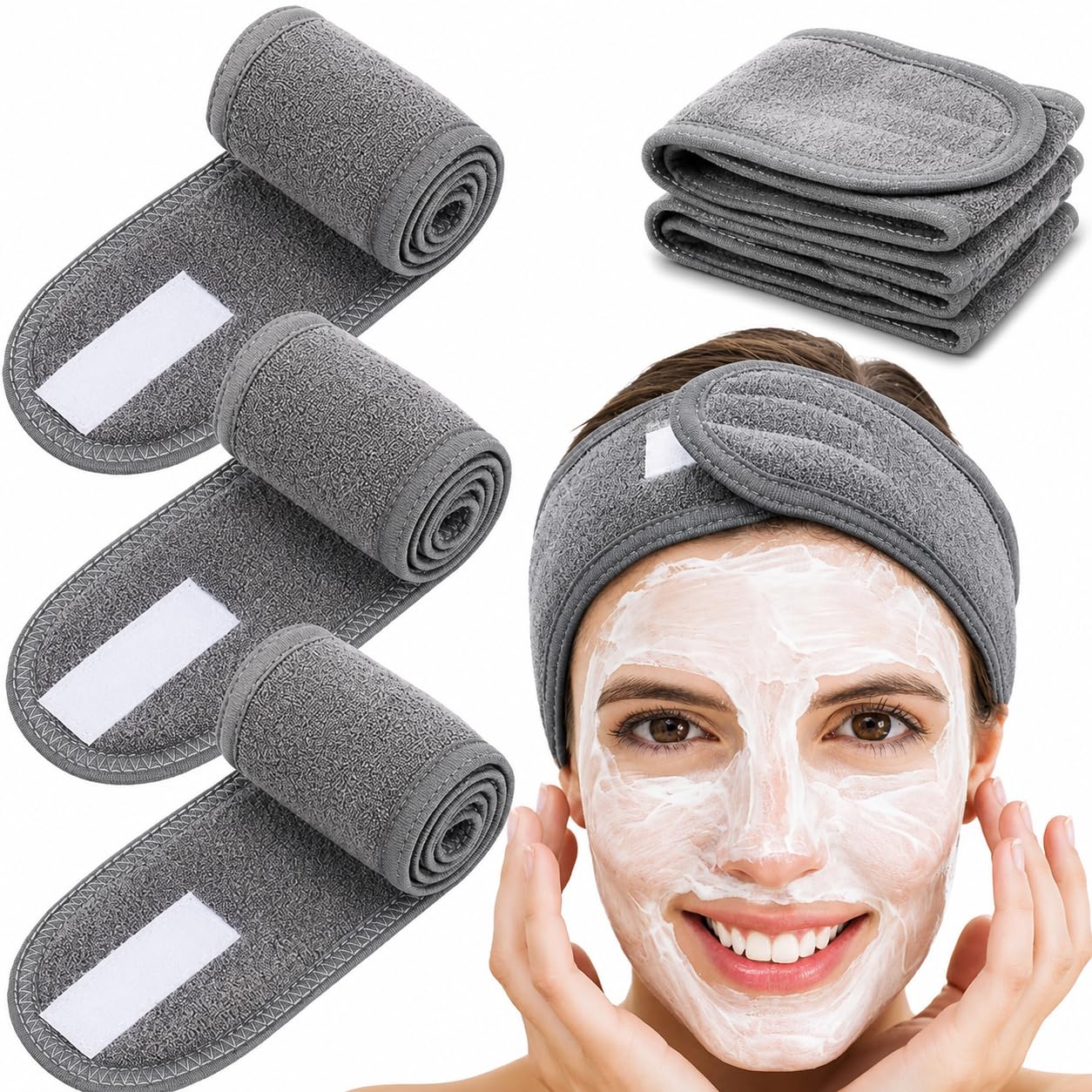 Makeup Face Wash Hair Band for Women & Men | Soft Polycotton Spa Headband for Makeup, Skincare, Facial, Face Wash, Salon & Shower | Adjustable Reusable Stretch Hair Wrap Headband (Grey, Pack of 3)-image-10