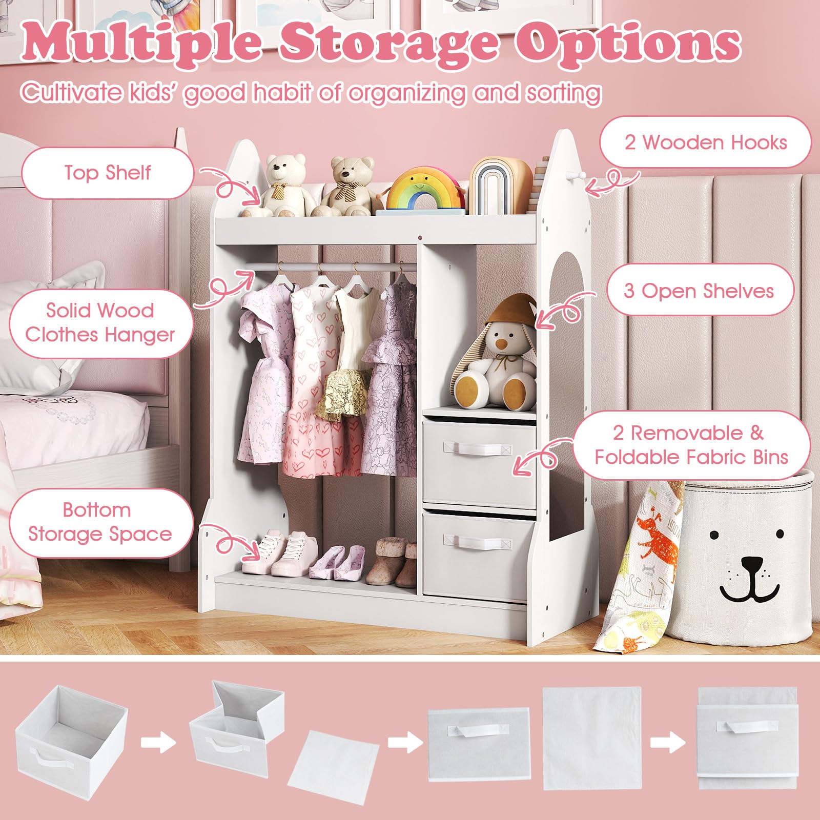 FANTASK Kinderkleiderschrank mit Stoffschubladen, 81 x 38 x 107 cm, Kindergarderobe mit Spiegel & Kleiderstange, Kinder Kleiderständer aus Holz für Kinderzimmer (Weiß)