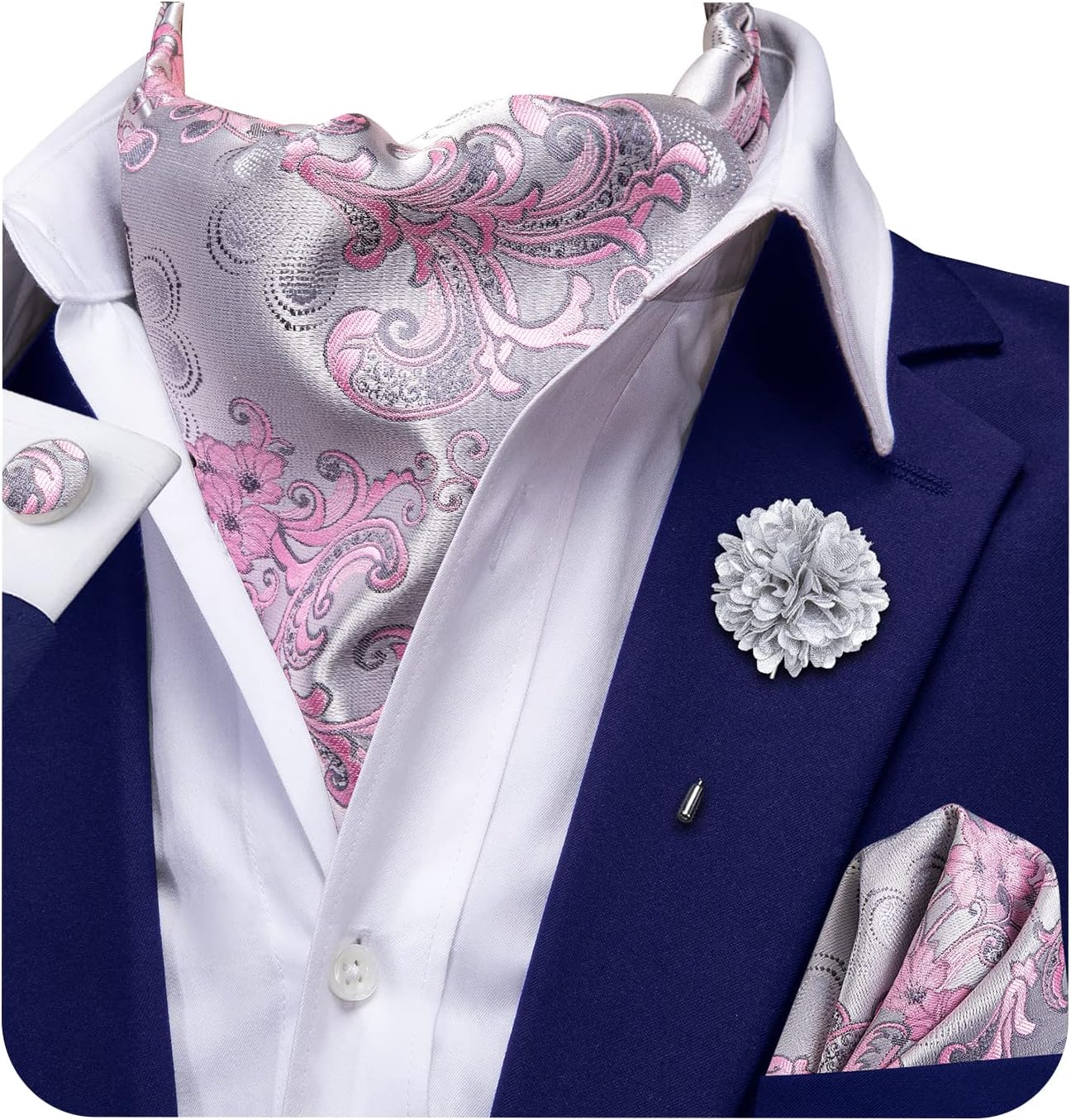 Hi-Tie Ascot Ties for Men Silk Cravat Handkerchief Cufflinks Lapel Pin Scarf Tie Sets Wedding Party Formal