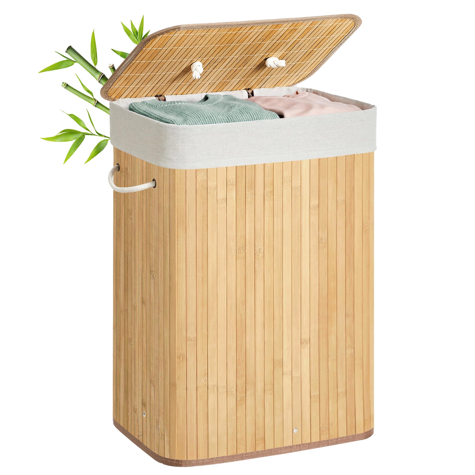 SONGMICS Laundry Basket with Lid 72L Bamboo Foldable Laundry Basket with Removable Washable Bag Handles for Laundry Room Bedroom LCB10Y