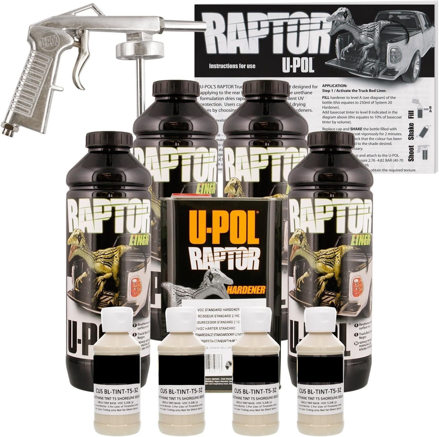 U-POL Raptor Shoreline Beige Urethane Spray-On Truck Bed Liner Kit W/Free Spray Gun, 4 Liters