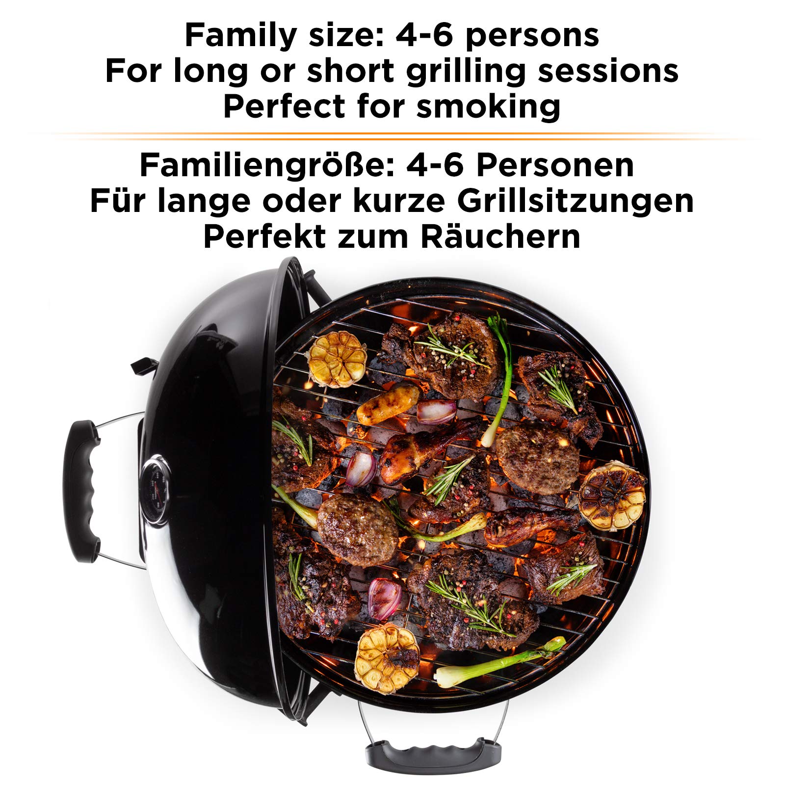 ROSMARINO Holzkohlegrill mit Deckel - Kugelgrill mit Thermometer, Einstellbare Belüftung, Grillrost, 2 Räder, Ascheschale - Grill für 4-8 Personen,Für Camping & Gartenparty