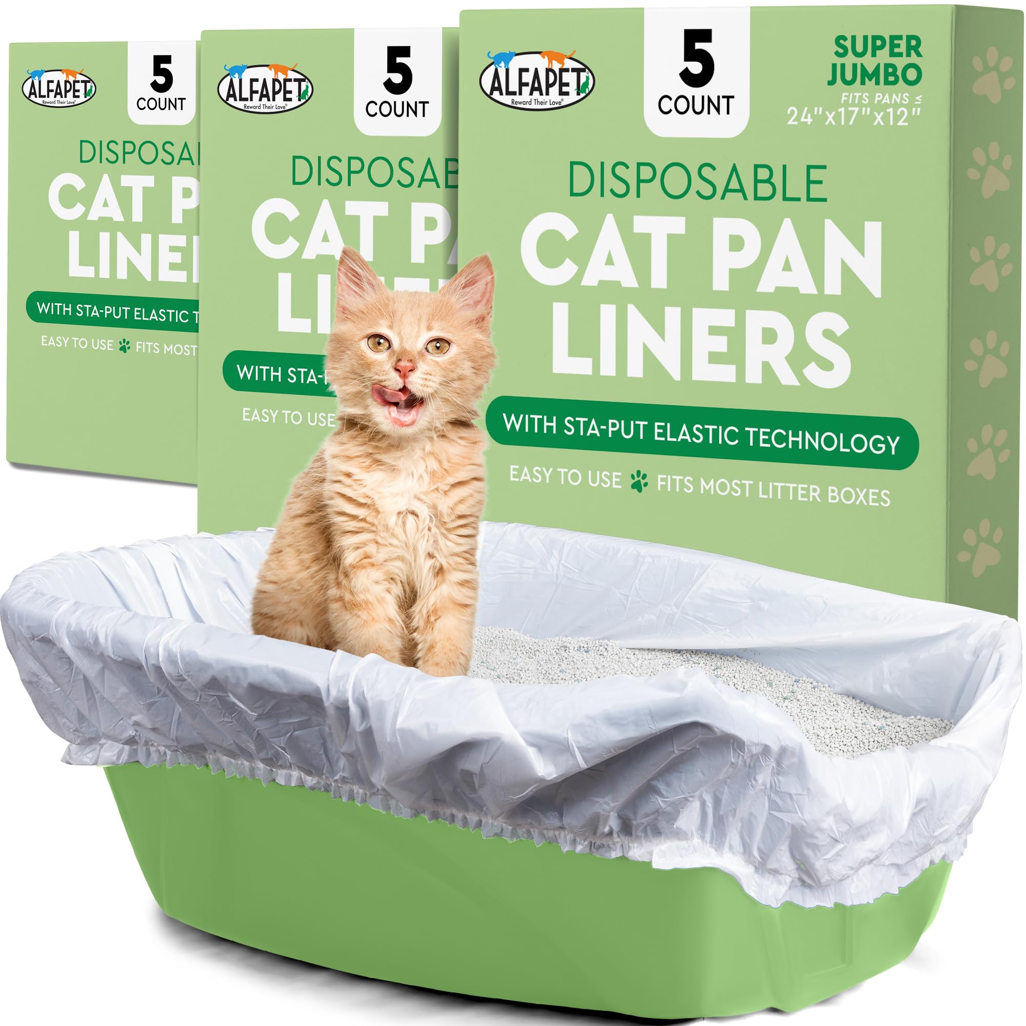 Alfapet Elastic Cat Litter Box Liners - Super Jumbo 15Count - Tear-Resistant Cat Litter Bags, Waterproof Kitty Litter Liners - Fits Litterbox Pan