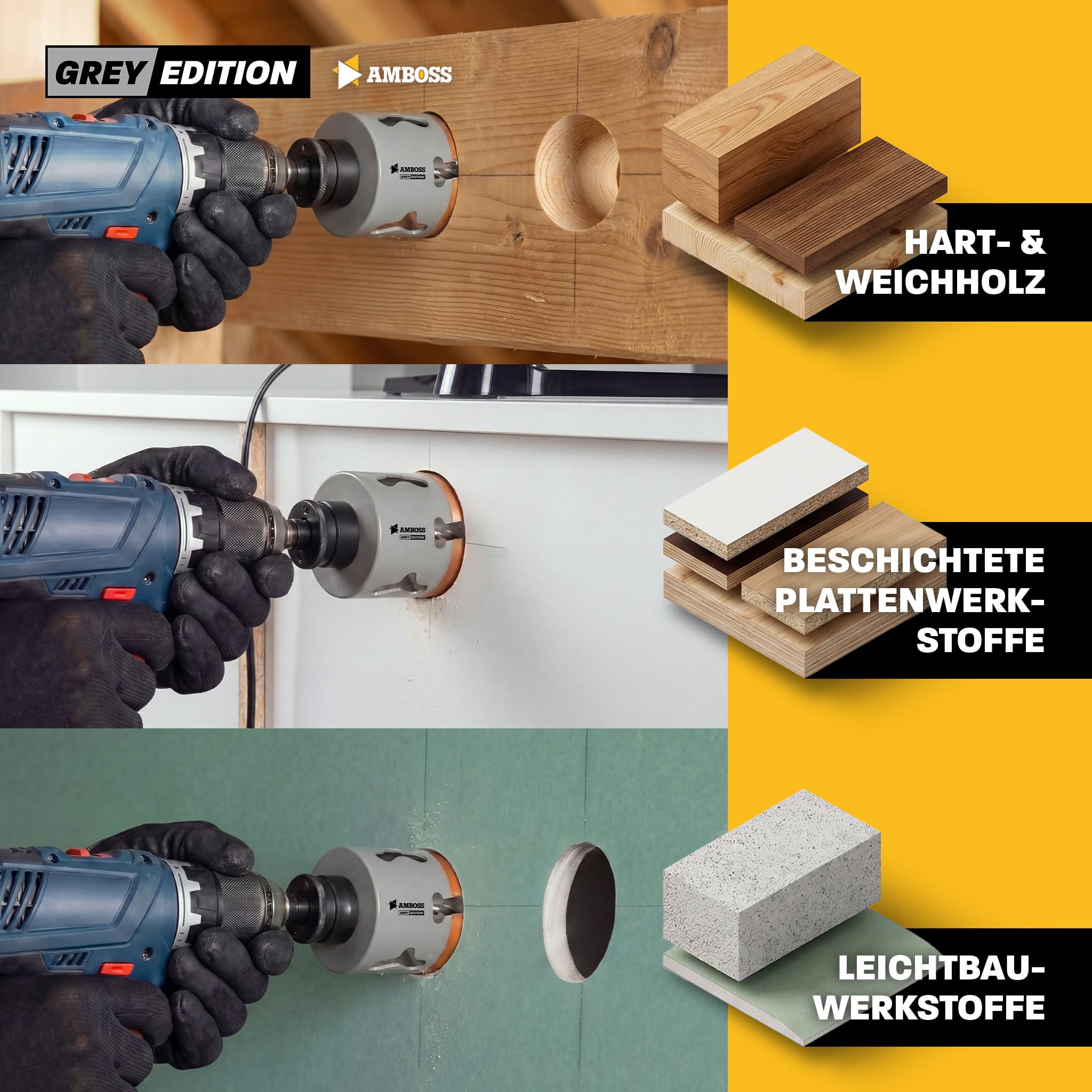 Juego de 7 sierras de corona HM carburo Amboss Werkzeuge Grey Edition 20 – 83 mm – Precisas para madera, placas de yeso y placas – Easy Eject, 5 veces más rápido que el bimetal, larga duración
