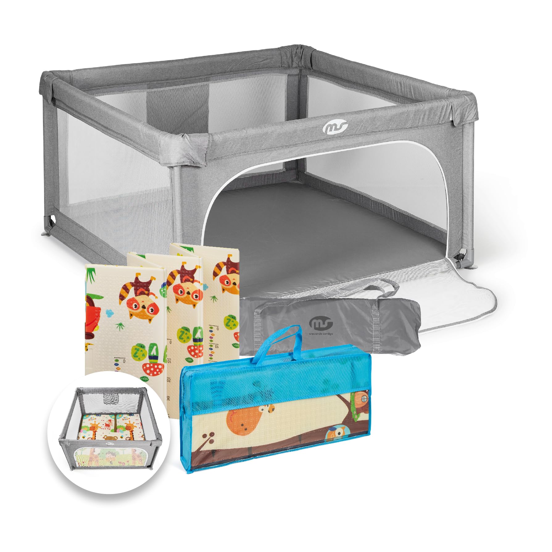 MS BabyWorld - Recinto per bambini L + Tappeto gioco per bambini 120 * 120cm - Tappeto bifacciale, altamente imbottito (spessore 1 cm), Box molto grande e alto - pieghevole e con borsa trasporto