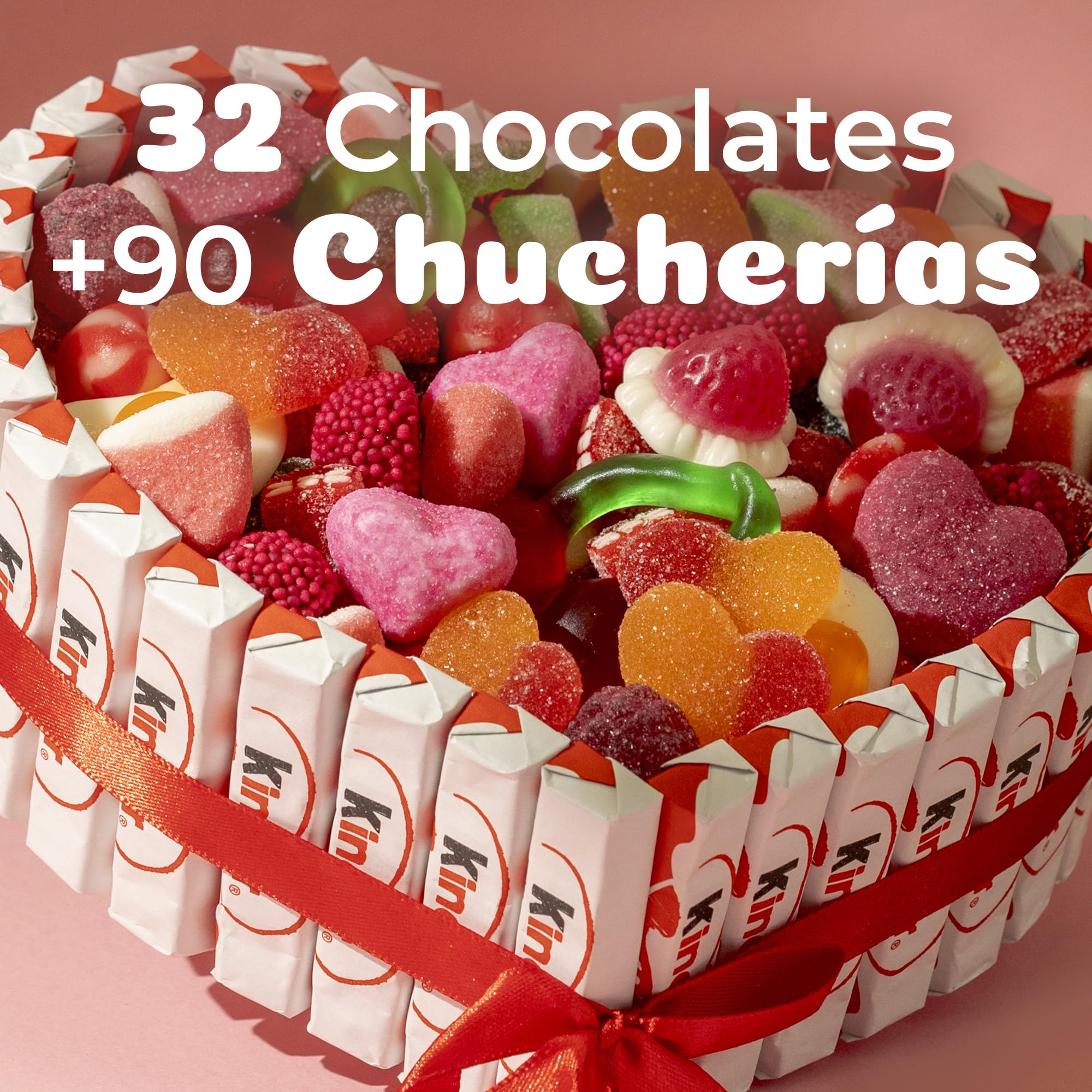 Onza Regalo dia de la madre original - Cesta de Chocolates Kinder y Chucherías para Regalar - Corazón Chocolatinas Kinder - Gran Surtido Chuches y Gominolas