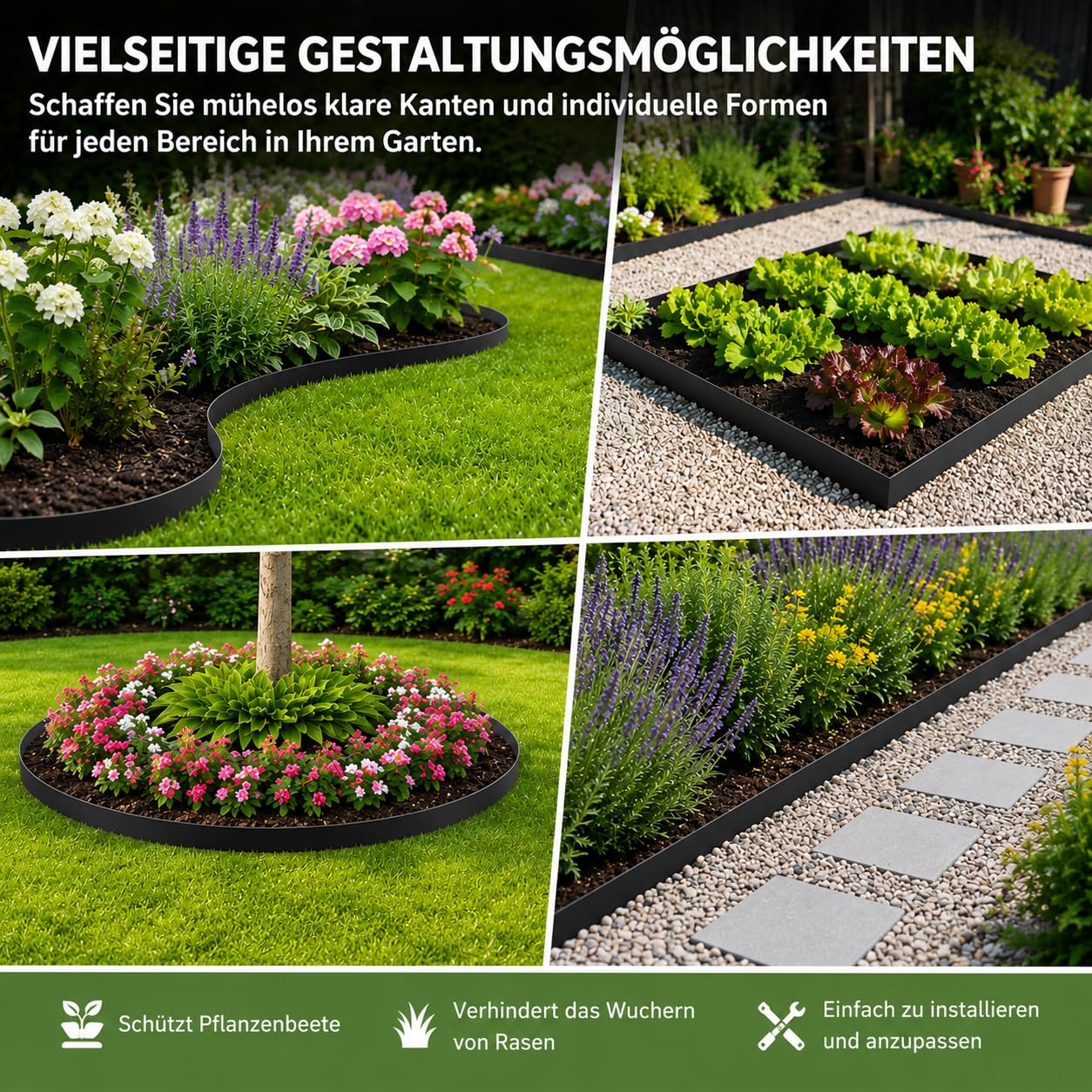 Rasenkante 10 m aus Kunststoff – Flexible Beeteinfassung & Gartenkante mit 35 Erdspießen, 5 cm hoch, schwarz – Für Beetumrandung, Mähkante, Rasenkante & Beetabgrenzung – Ohne Graben