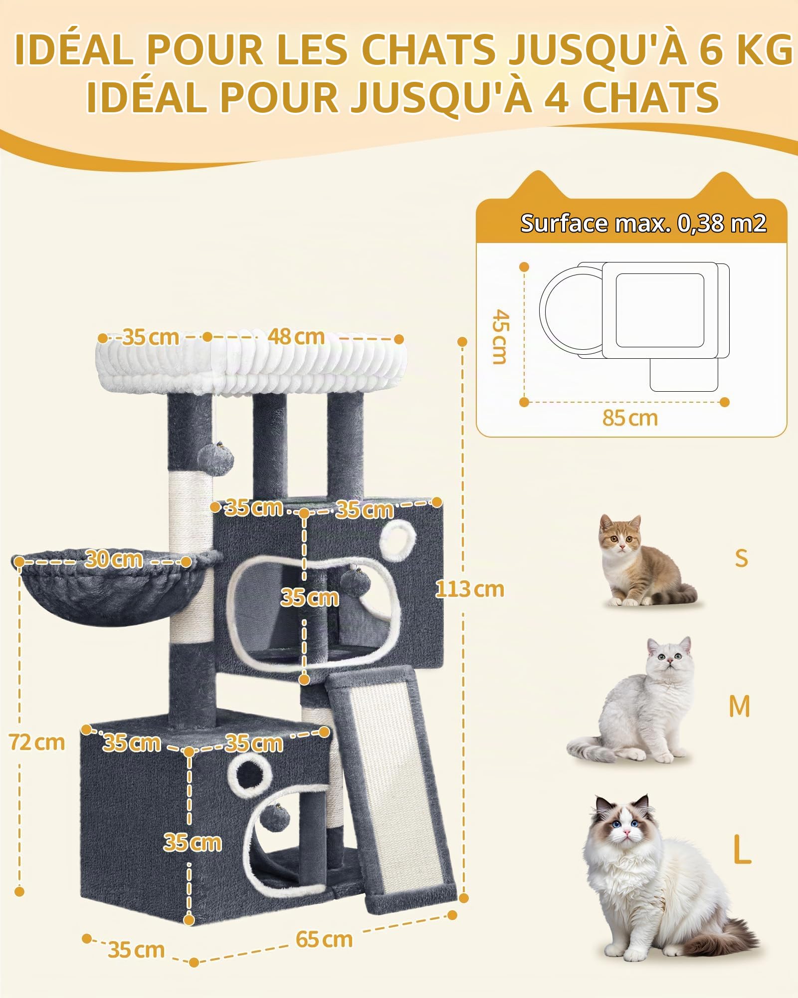 Hzuaneri Arbre a Chat, Petit Arbre à Chat de 113 cm, Spacieux et Stable, avec Grande Plateforme Souple, Pompons, Panier, Griffoir et Planche à Gratter, Gris Foncé MS11318SG