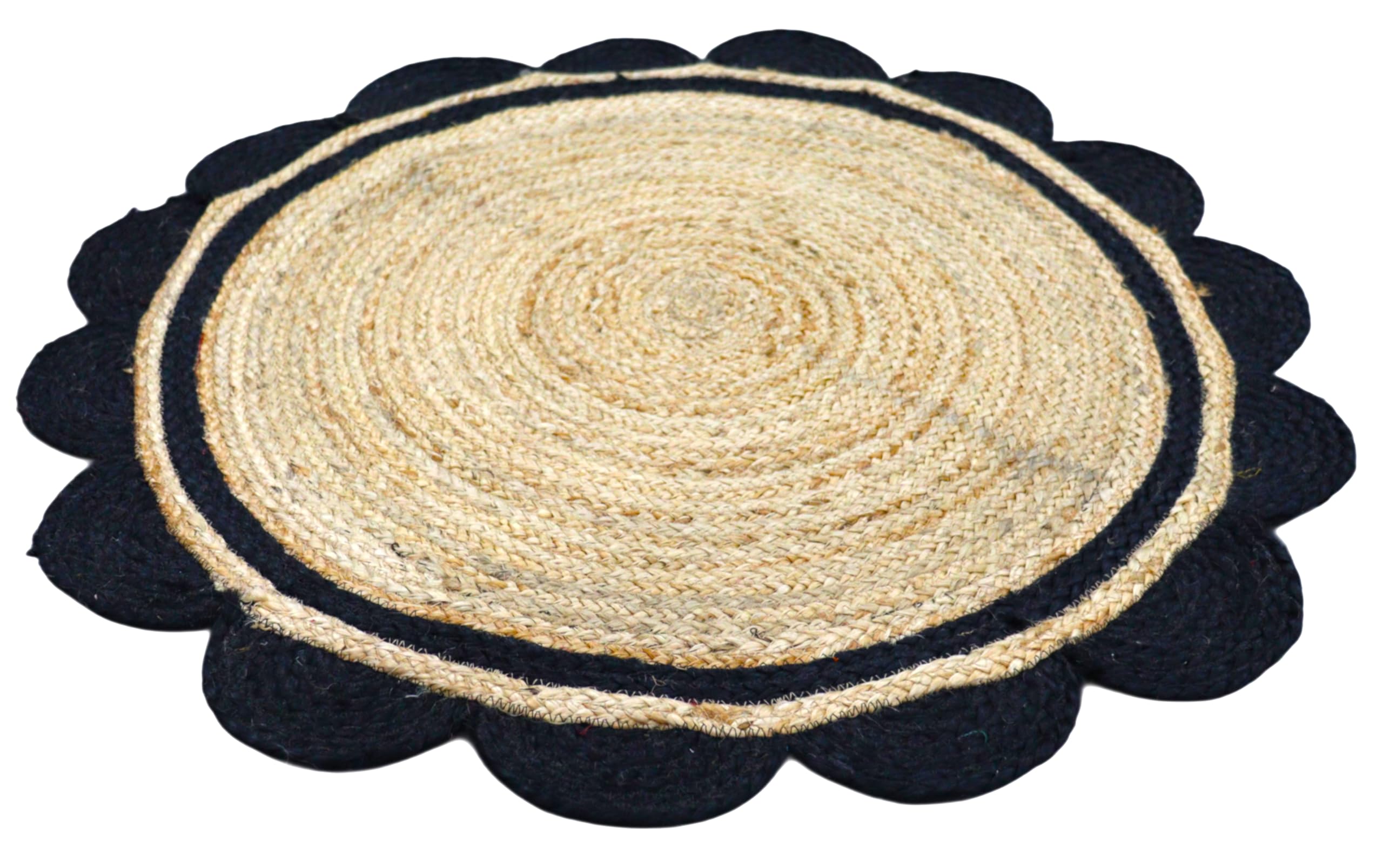 Tapis rond festonné en jute naturelle – Tapis tressé tissé à la main, respectueux de l'environnement et durable, décoration style rustique bohème pour salon, chambre à coucher ou entrée