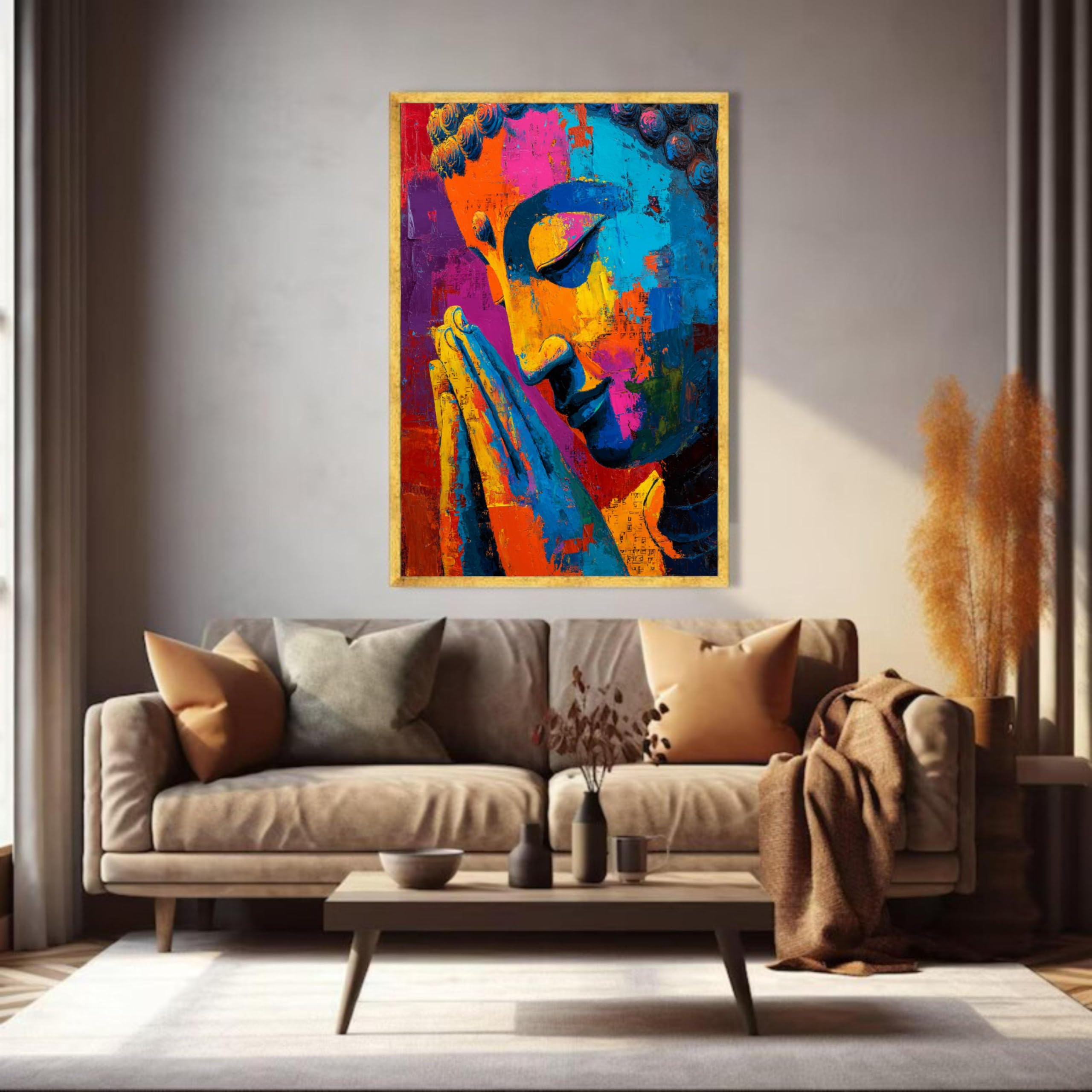 XINBAO Kolorowy Budda Obraz na płótnie Abstrakcyjna Dekoracja Medytacja Gotowy Do Powieszenia, Duże Dzieło Sztuki Na Płótnie Ścienne Rozmiar Obrazu (70 x 100 cm / Wewnętrzna rama)