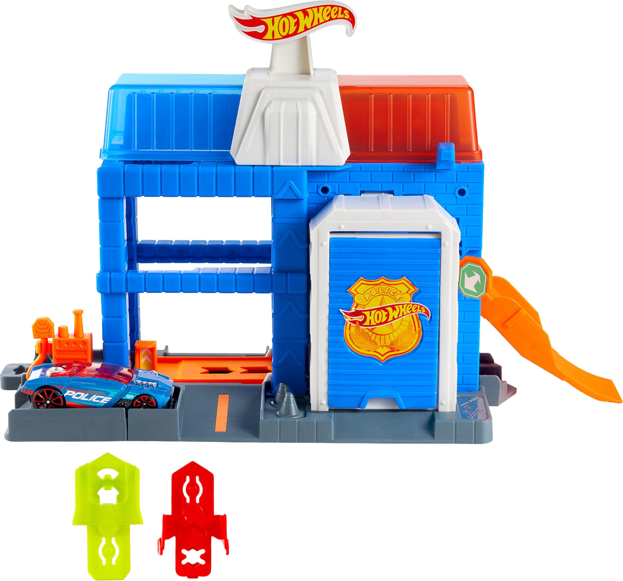 Hot Wheels City Komisariat policji Zestaw, trzy poziomy, metalowy radiowóz w skali 1:64, system torów Speed Snap Szybki klik, zabawka dla dzieci 3+, JHL74