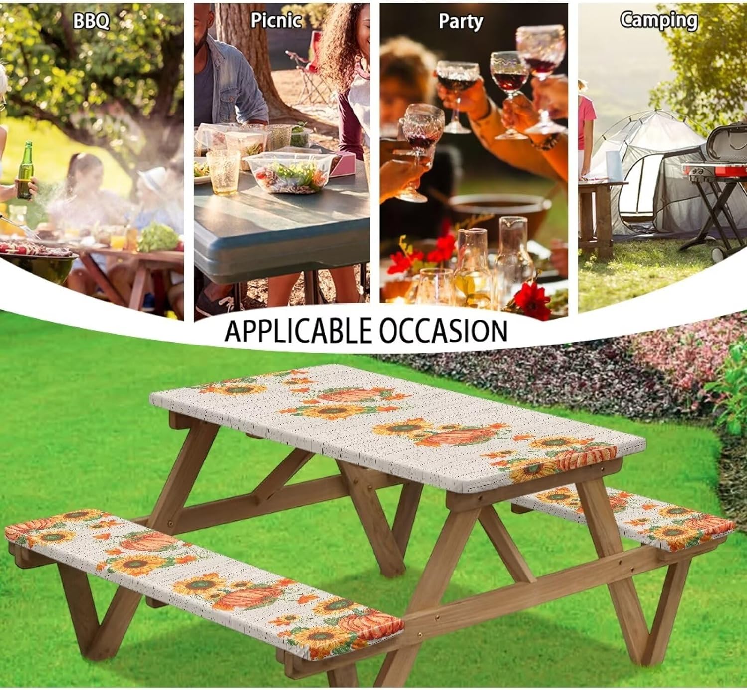 Fall Picnic Table Cover for Outdoor Camping Thanksgiving Pumpkin Sunflower Stripes Elastic Fitted Table Cloth for Camping Party Supplies 3 PCS Set