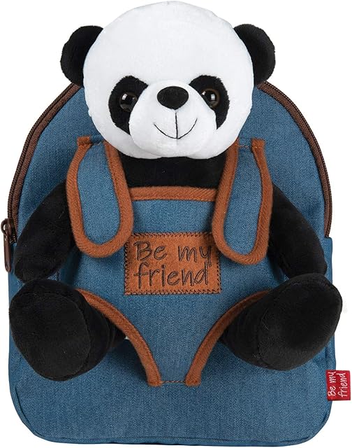 PERLETTI Plush Panda Backpack for Kids with Fluffy Stuffed Puppet - Toddler Children 3 4 5 Years Old Jeans Daypack for Kindergarten School - Baby Boy Girl Cuddly Animal Handbag - 21x27x9 cm (Panda)