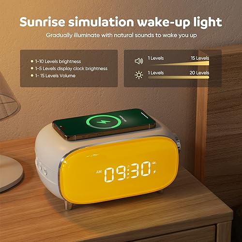 Miniatura 3 de Reloj despertador de amanecer con simulación de amanecer, luz de despertar con repetición, cargador inalámbrico, altavoz Bluetooth, radio FM,