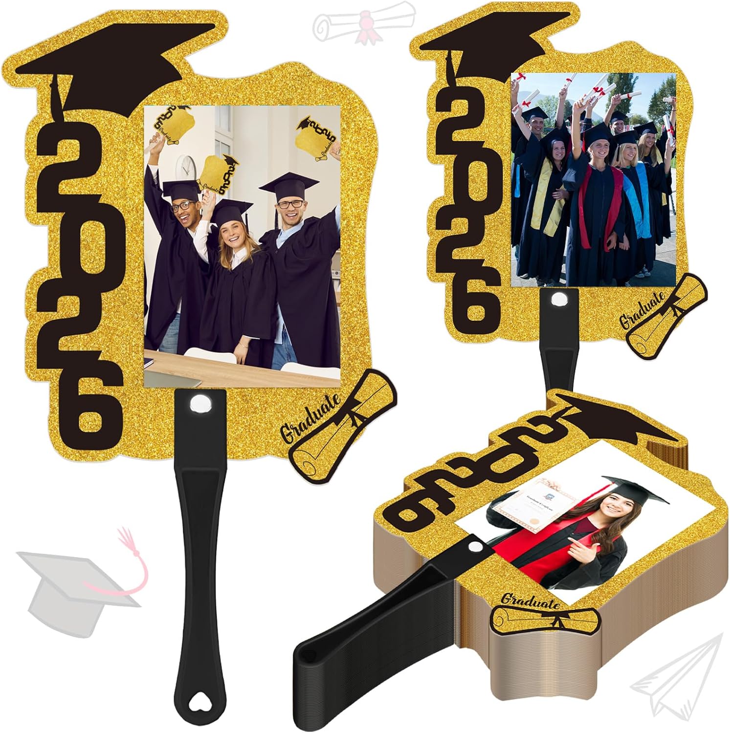 50 Pcs Custom Graduation Fans with Handle Double Sided Personalized Black and Gold Grad Party Supplies Class of 2026 Grad Photo Props Blank DIY Photo Frame for Graduation Party Souvenirs