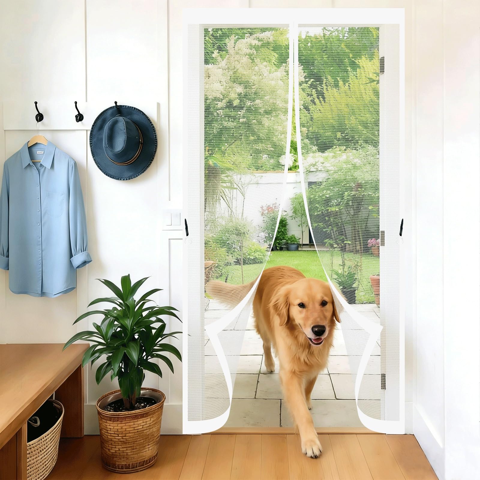 Magnetic Fly Screen Door 140 x 80 cm Self-Sealing Mesh Powerful Magnets and Adhesive Strips, Hands-Free Closing Magnet Fly Screen Door for Outdoor, Gym, Sun House Porch, White