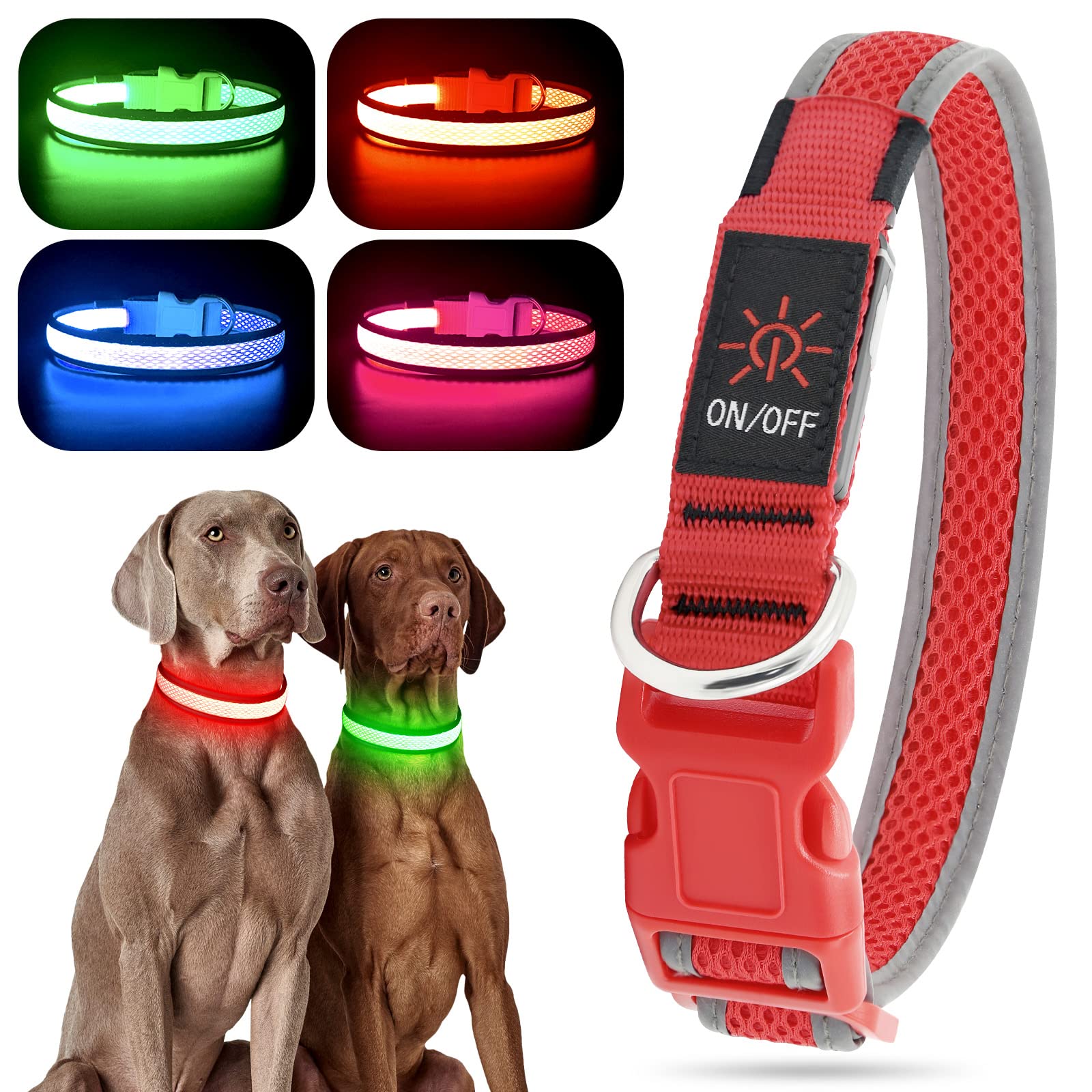 YFbrite Light up Dog Collar, USB Rechargeable LED Puppy Collar Super Bright Adjustable Glowing Dog Lights for Night Walking (Red, Large)