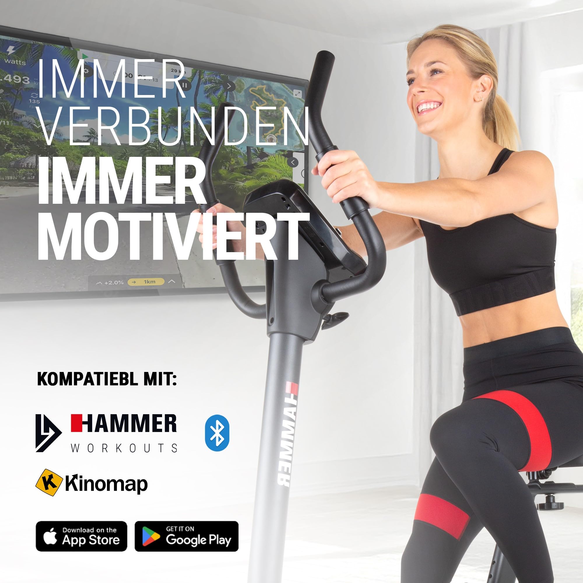 HAMMER 4862 Ergometer Cardio XT6 BT, leises Fitnessfahrrad mit tiefem Einstieg und Comfort-Sattel, 13 kg Schwungmassensystem, Bluetooth & App-Steuerung, 130 kg Benutzergewicht, 93 x 51 x 150 cm