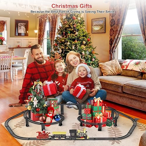 Miniatura 6 de Juego de tren eléctrico con pistas elevadas 3D, vagones de pasajeros de locomotora, luces y modo silencioso, tren de Navidad para niños, regalo de
