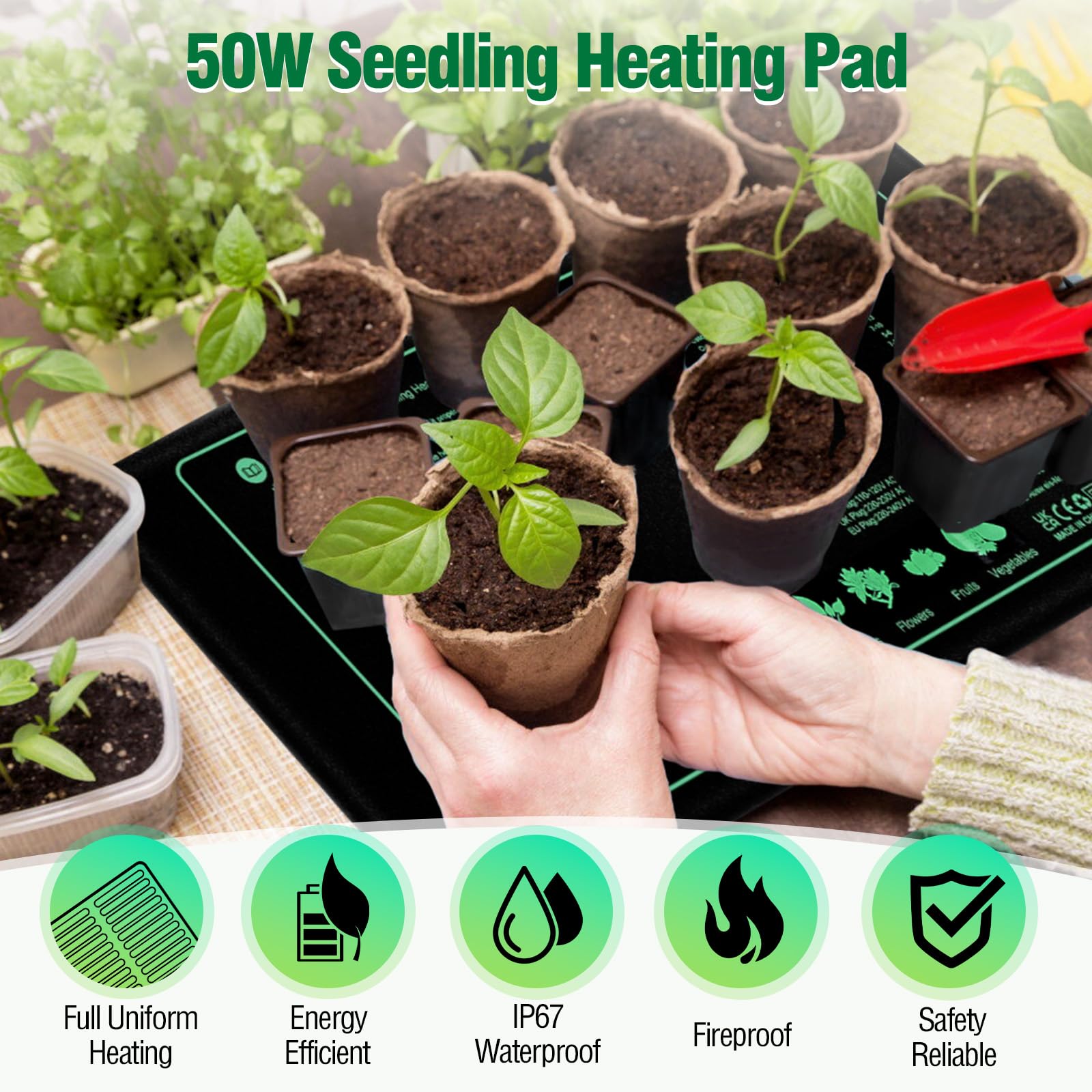 Estera TéRmica para Plantas con Termostato, 50W Alfombrilla Térmica para Plántulas, Acelera Germinación, Ignífugo, IP67 Impermeable, para Mascotas, Reptiles, Plántulas, 54 x 26 cm
