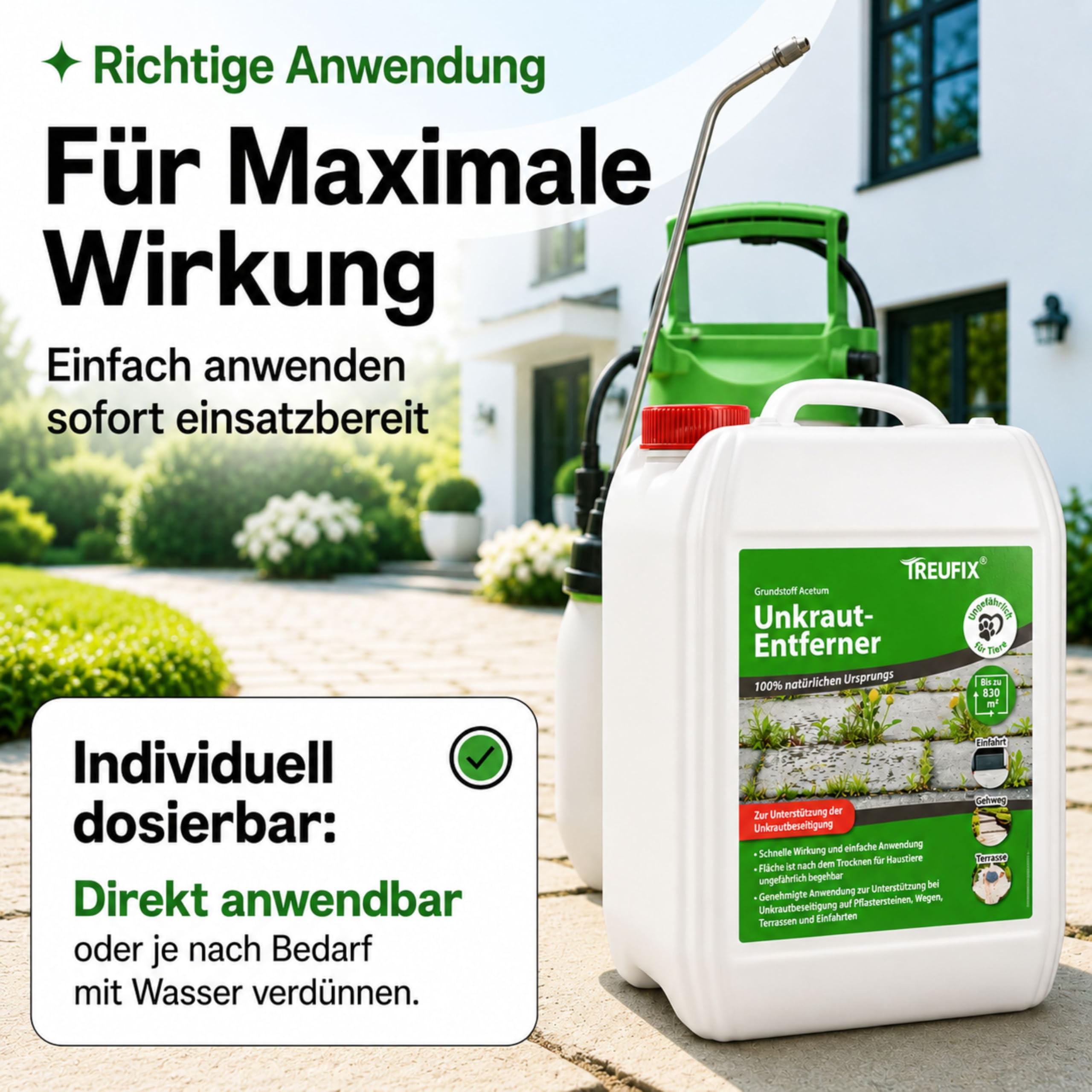 Treufix Konzentrat zur Unkrautentfernung Grundstoff Acetum (Essigsäure) 5L | Ohne Glypohosat zur Unterstützung bei Unkrautbeseitigung auf Pflastersteine, Gartenwege, Terrasse & Einfahrt - Made in DE