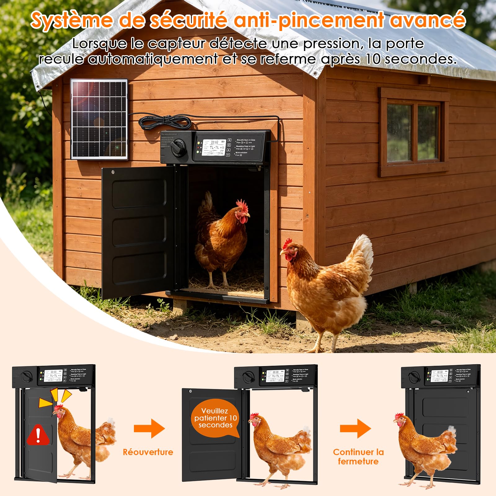 Grande Porte Poulailler Automatique Solaire, Porte Automatique Poulailler Solaire en Aluminium avec Écran LCD Étanche, Minuterie, Télécommande, Fonction Anti-pincement