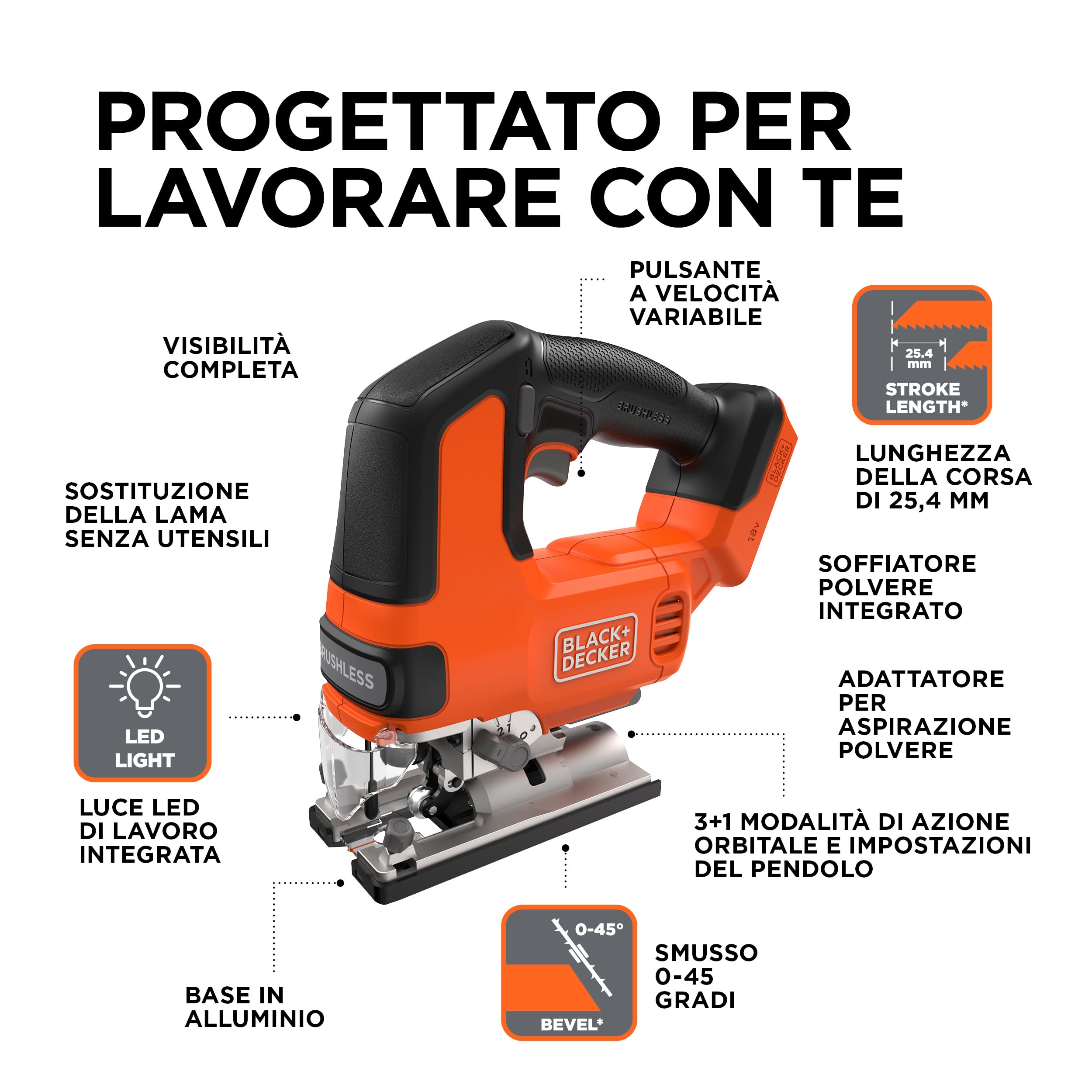 BLACK+DECKER Seghetto Alternativo a BatteriaBrushless, Solo Corpo Macchina 18V, con 6 Lame,Batteria Non Inclusa, BLCJS78NZ-XJ