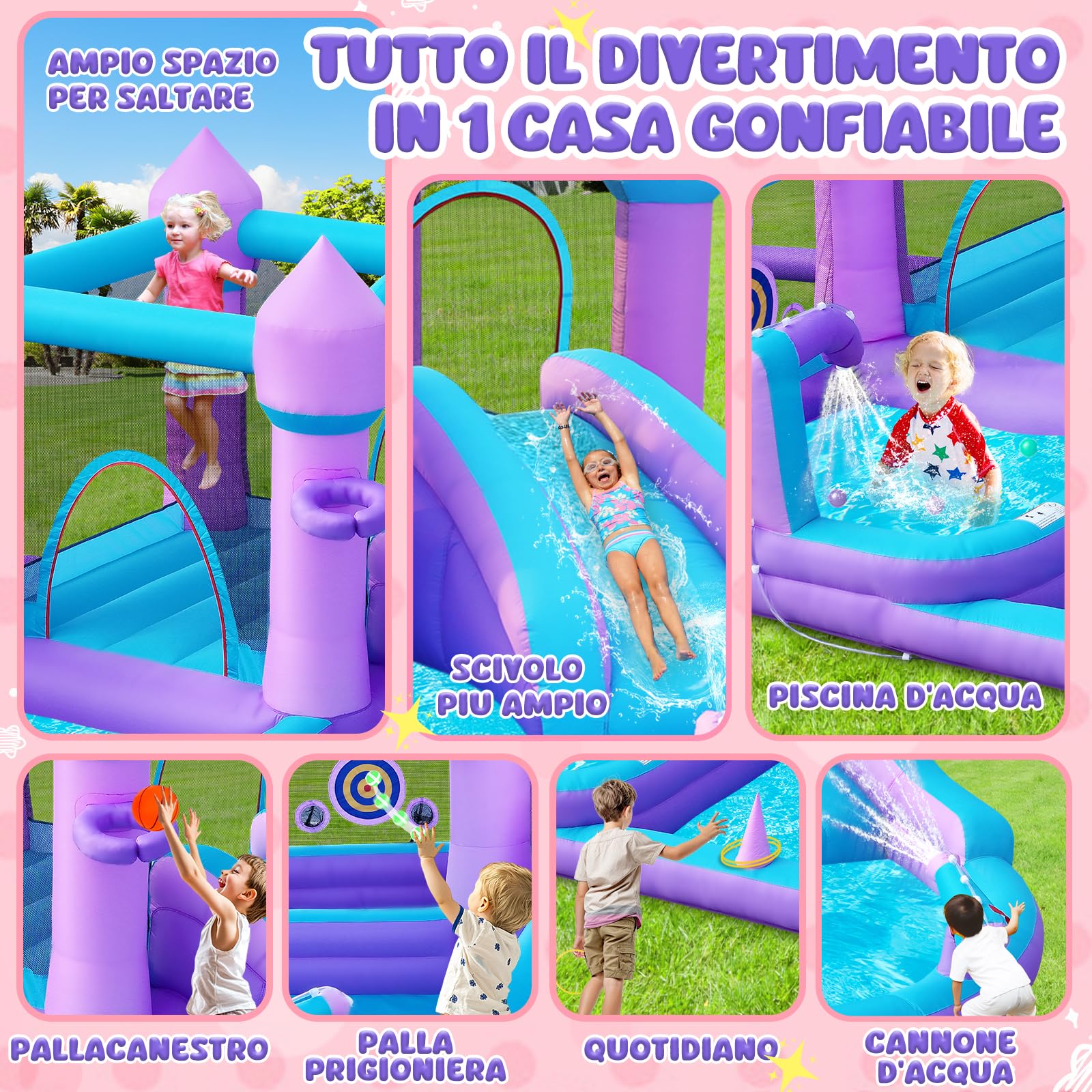 GYMMALL Castello Gonfiabile per bambini 3-8 anni, Casa dei Sogni Viola con Scivolo d'Acqua e Soffiatore da 480W, Grande Castello Gonfiabile con Area Salto, Piscina di Palline, Piscina