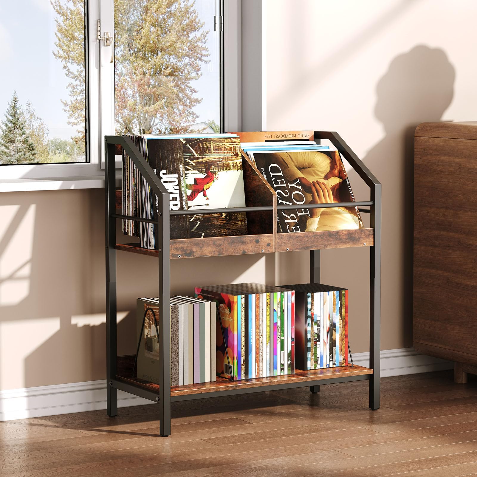 CHOEZON 2-Tier Vinyl Record Storage Holder Rack, 250 LP Albums Display Shelf, Wooden Vinyl Storage Rack with Wire Dividers for Records, CDs, Books, Rustic Brown and Black TCW07BF